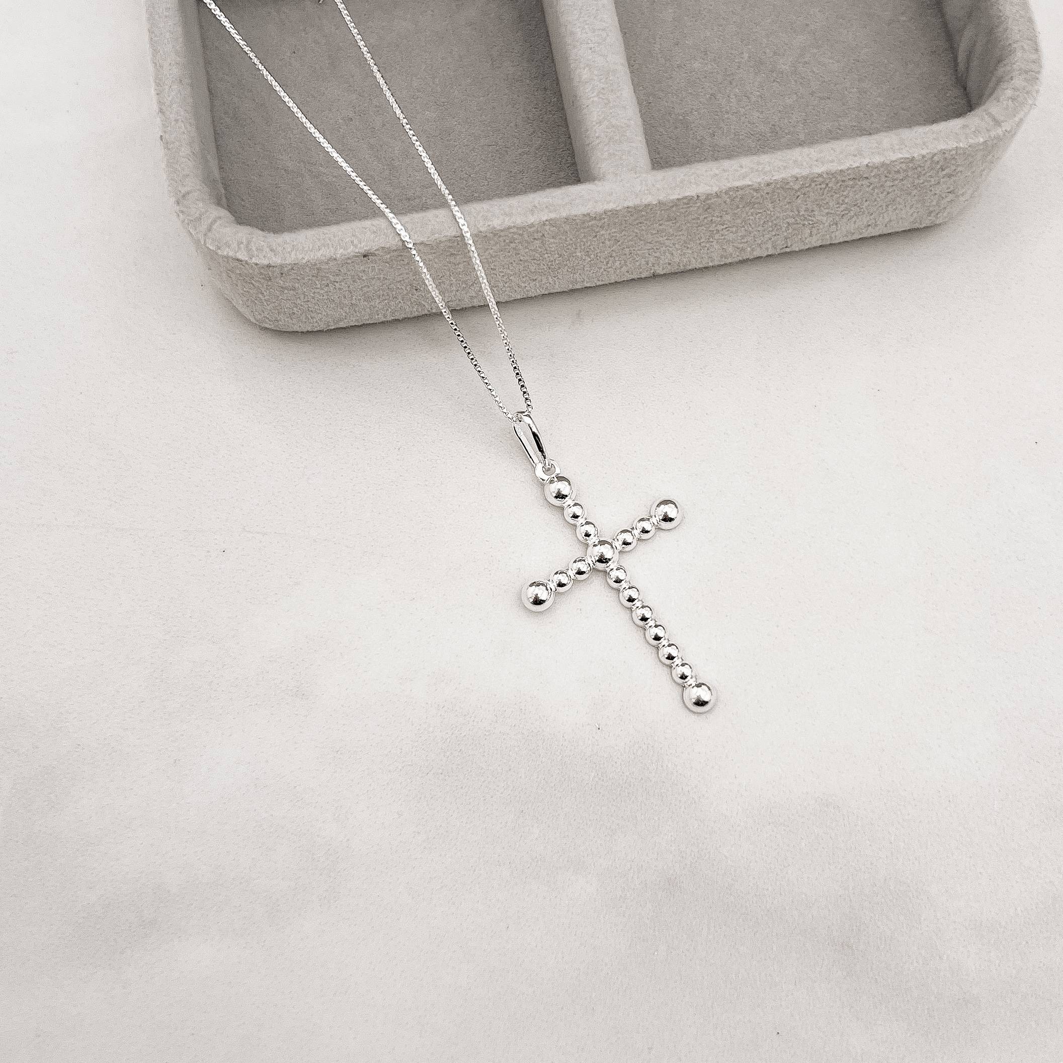 Imagem Secundária Colar pingente cruz fio bolinhas 30mm 45cm