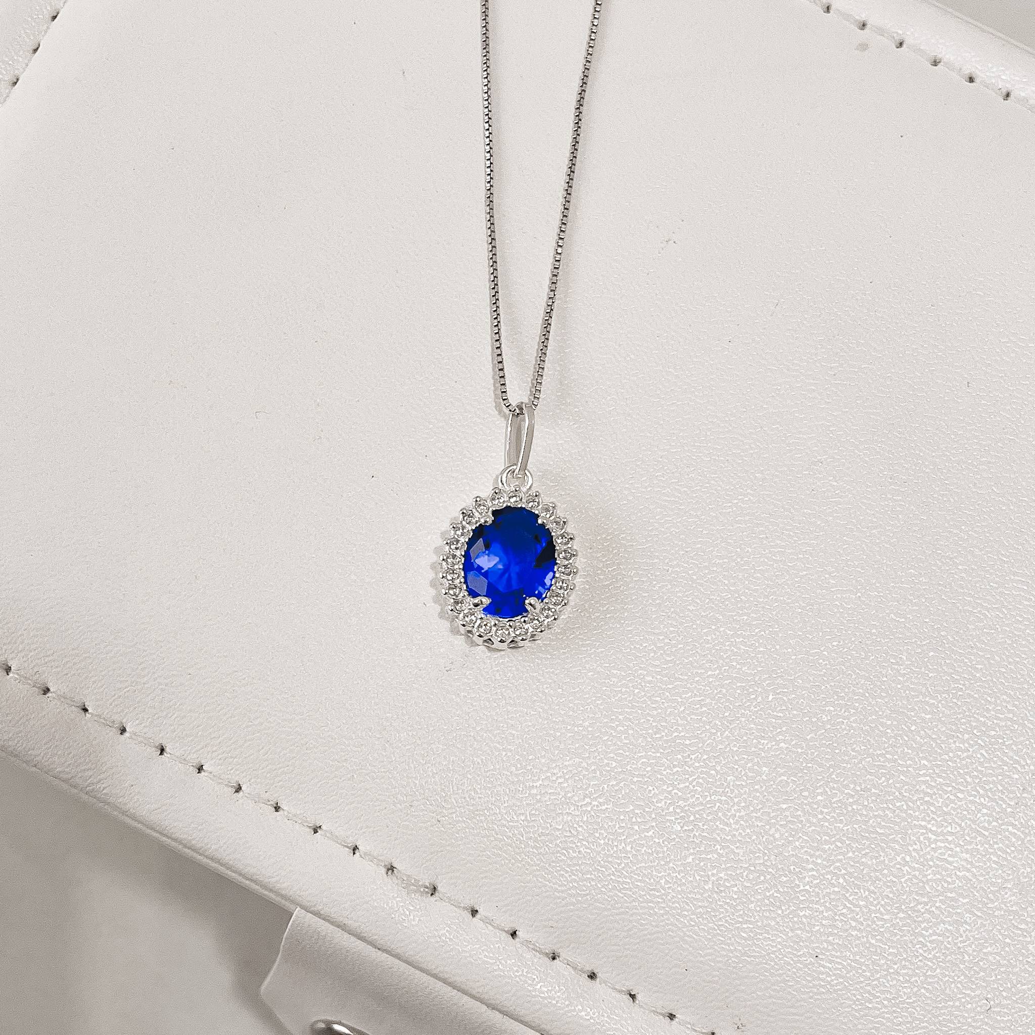 Imagem Colar pingente zircônia oval azul bic com cravejado 15mm 45cm