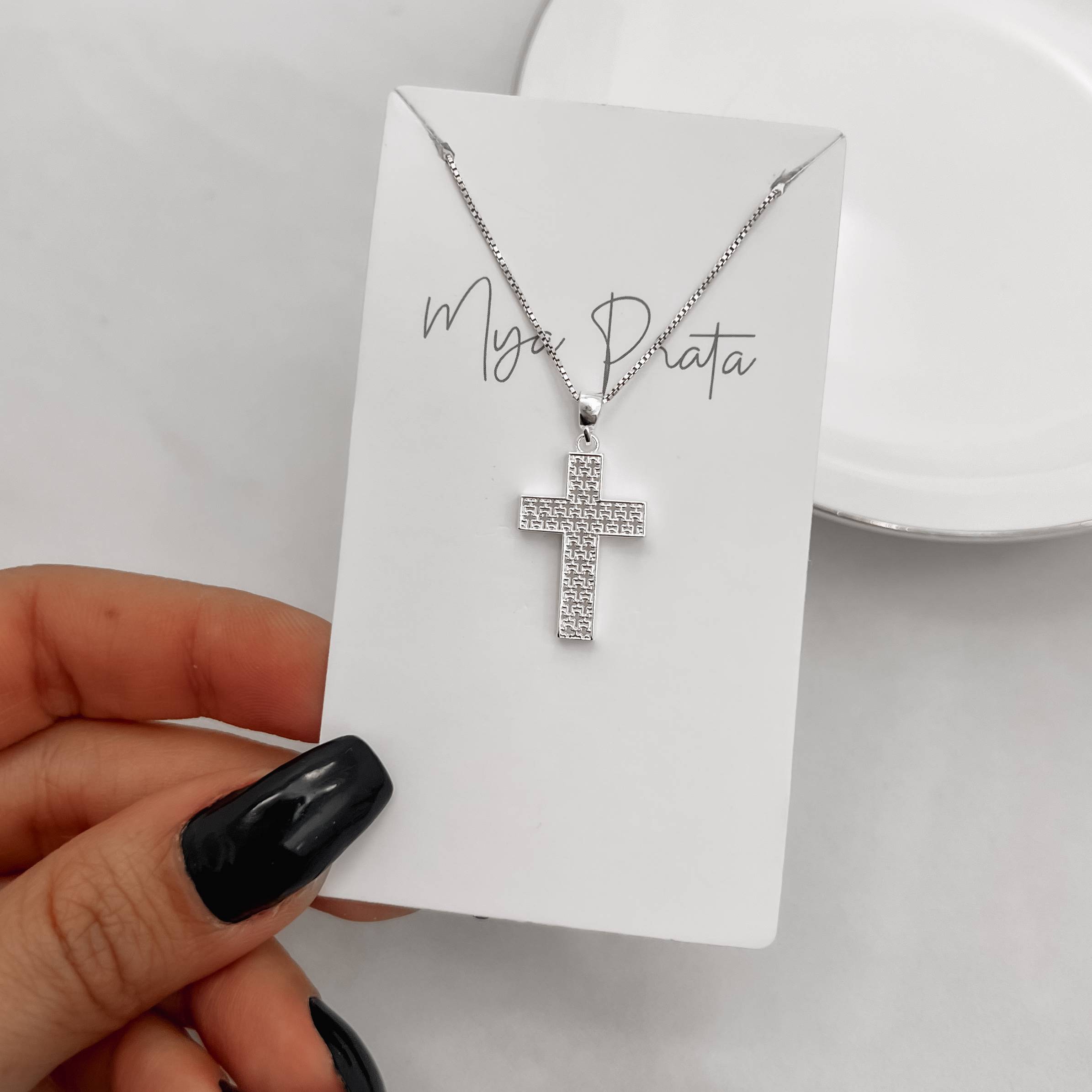 Imagem Secundária Colar pingente cruz renda Italiana 20mm 45cm