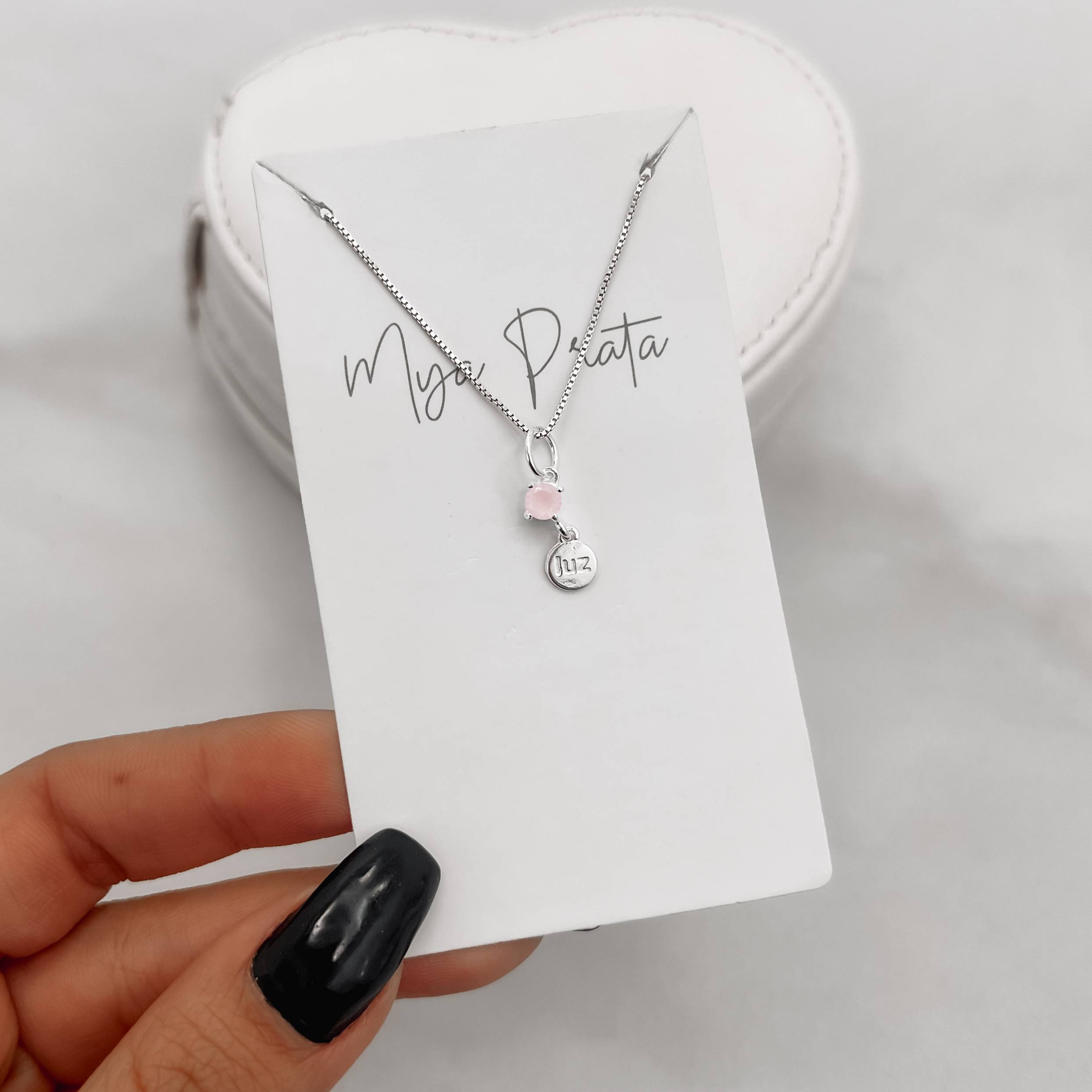 Imagem Secundária Colar pingente zircônia rosa leitoso 4mm com placa escrito luz 6mm 40cm