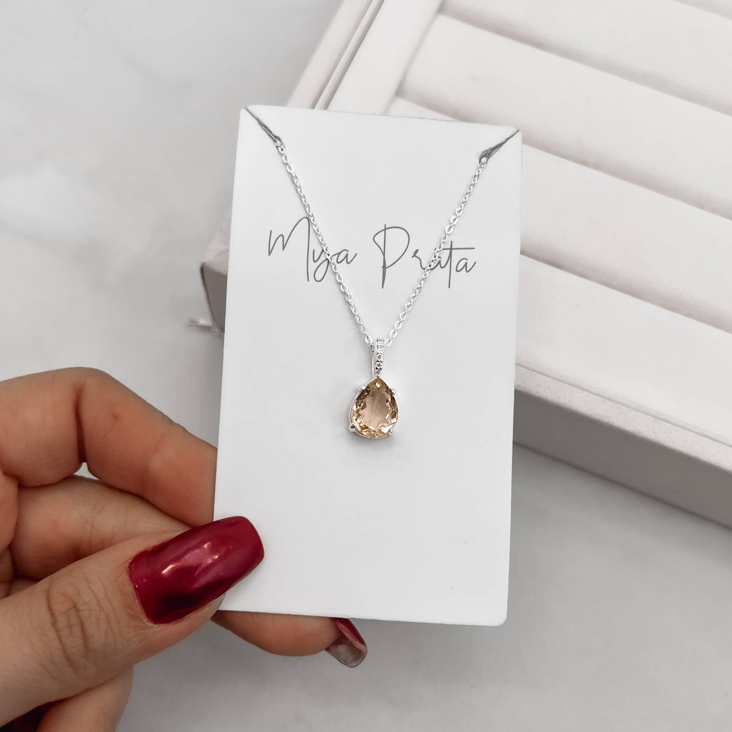 Colar pingente zircônia gota rosê 10x8mm elo cravejado corrente cadeadinho 45cm