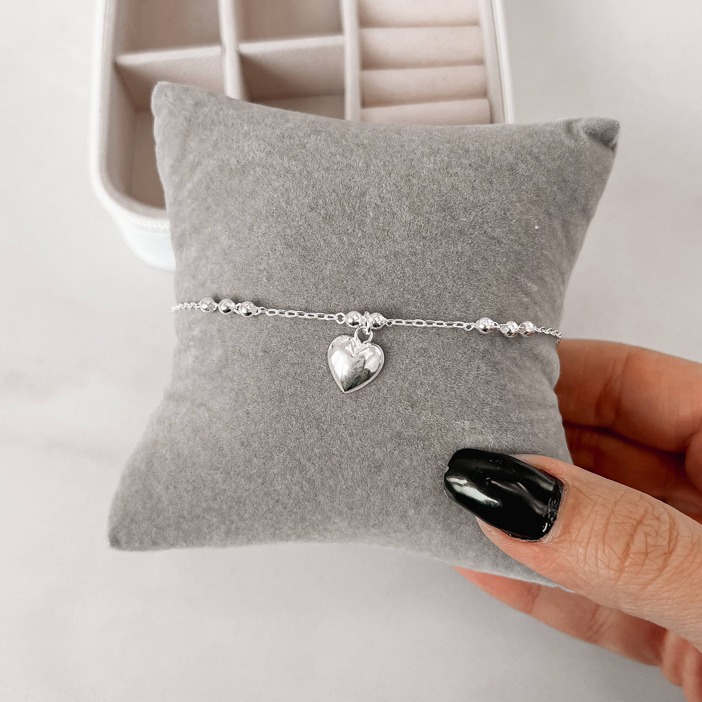 Pulseira entremeio bolas com pingente coração 9mm