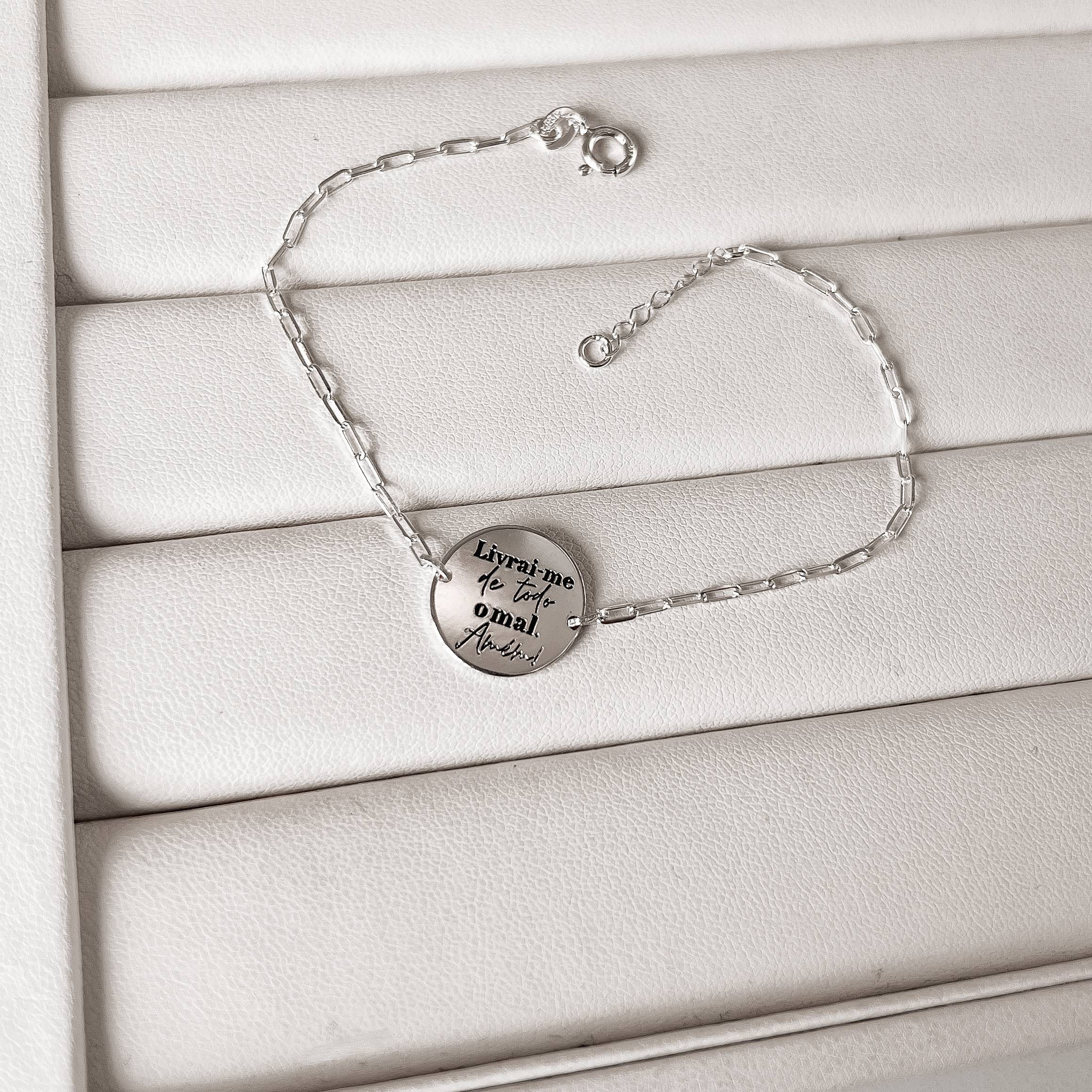 Pulseira entremeio medalha livrai-me de todo o mal Amém 15mm envelhecido corrente cartier