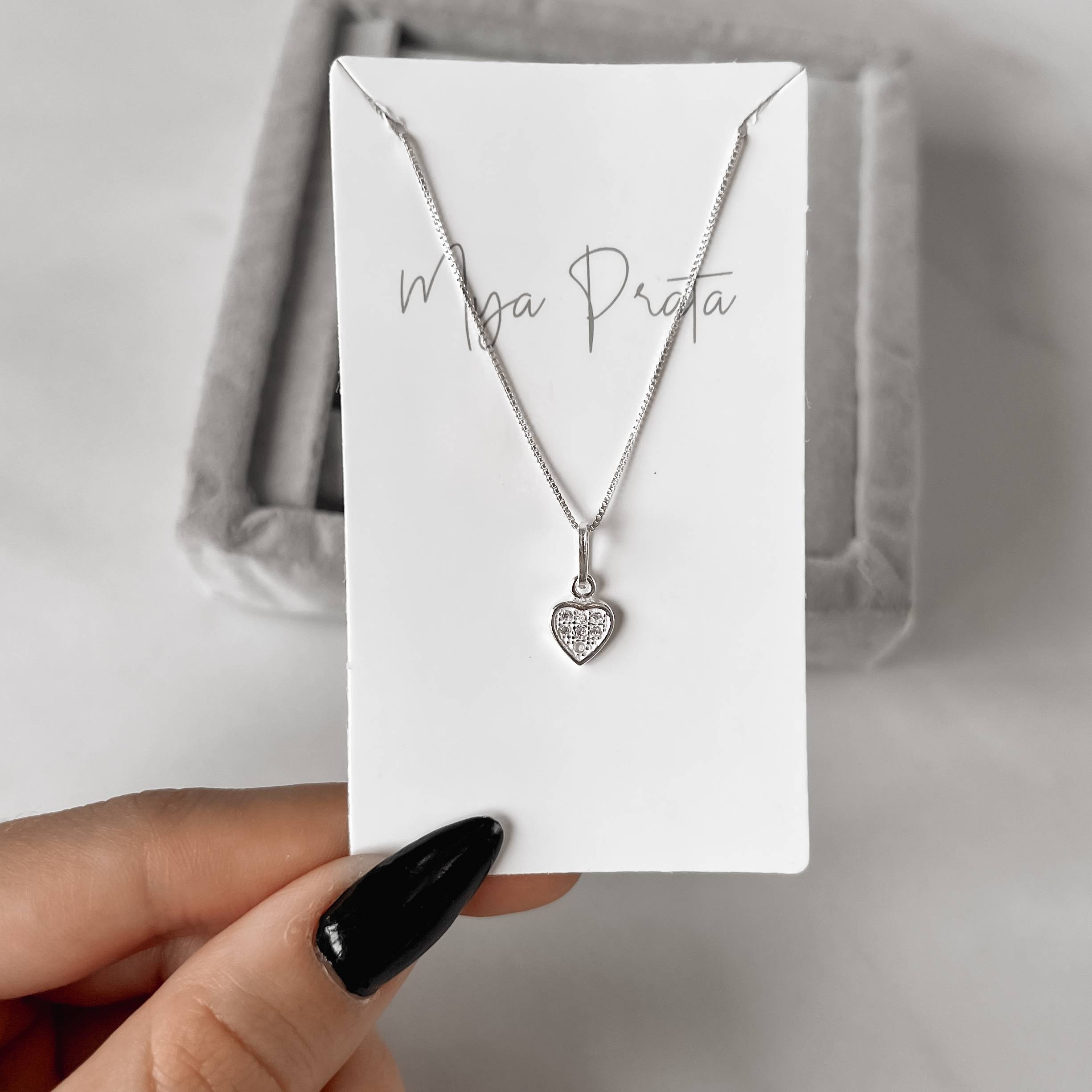 Colar pingente coração cravejado 7mm 40cm