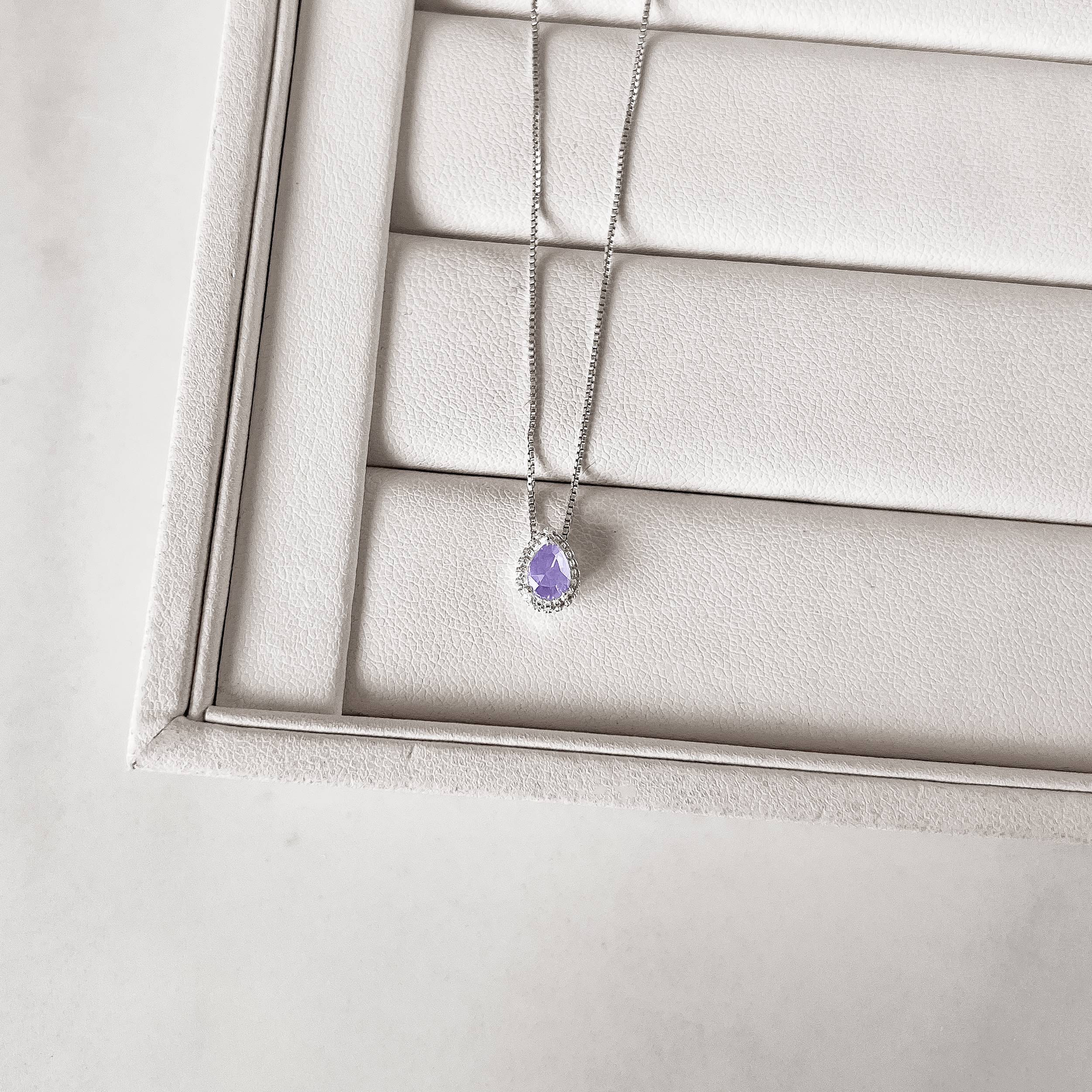 Colar zircônia gota lilás com cravejado 8mm 40cm