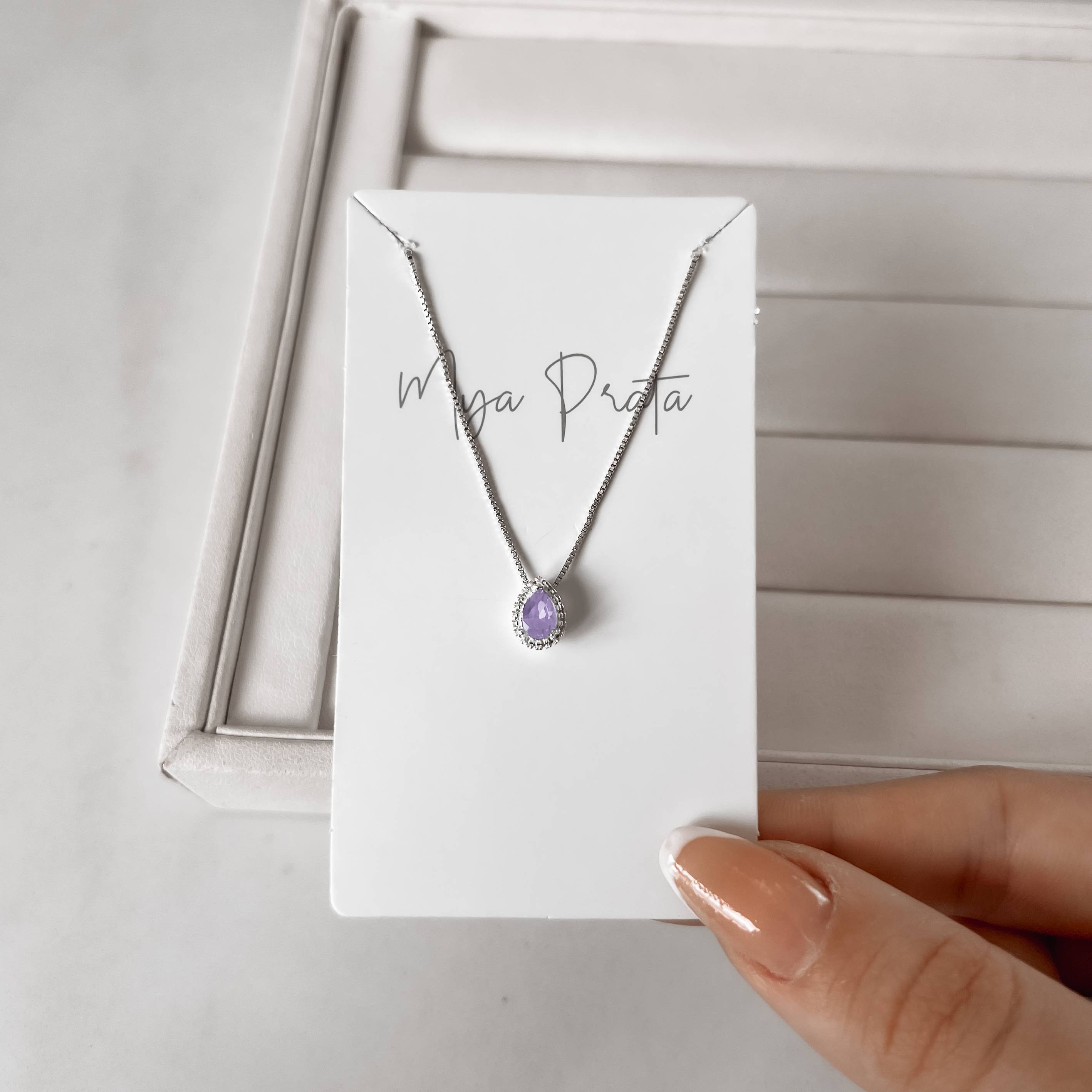 Imagem Secundária Colar zircônia gota lilás com cravejado 8mm 40cm