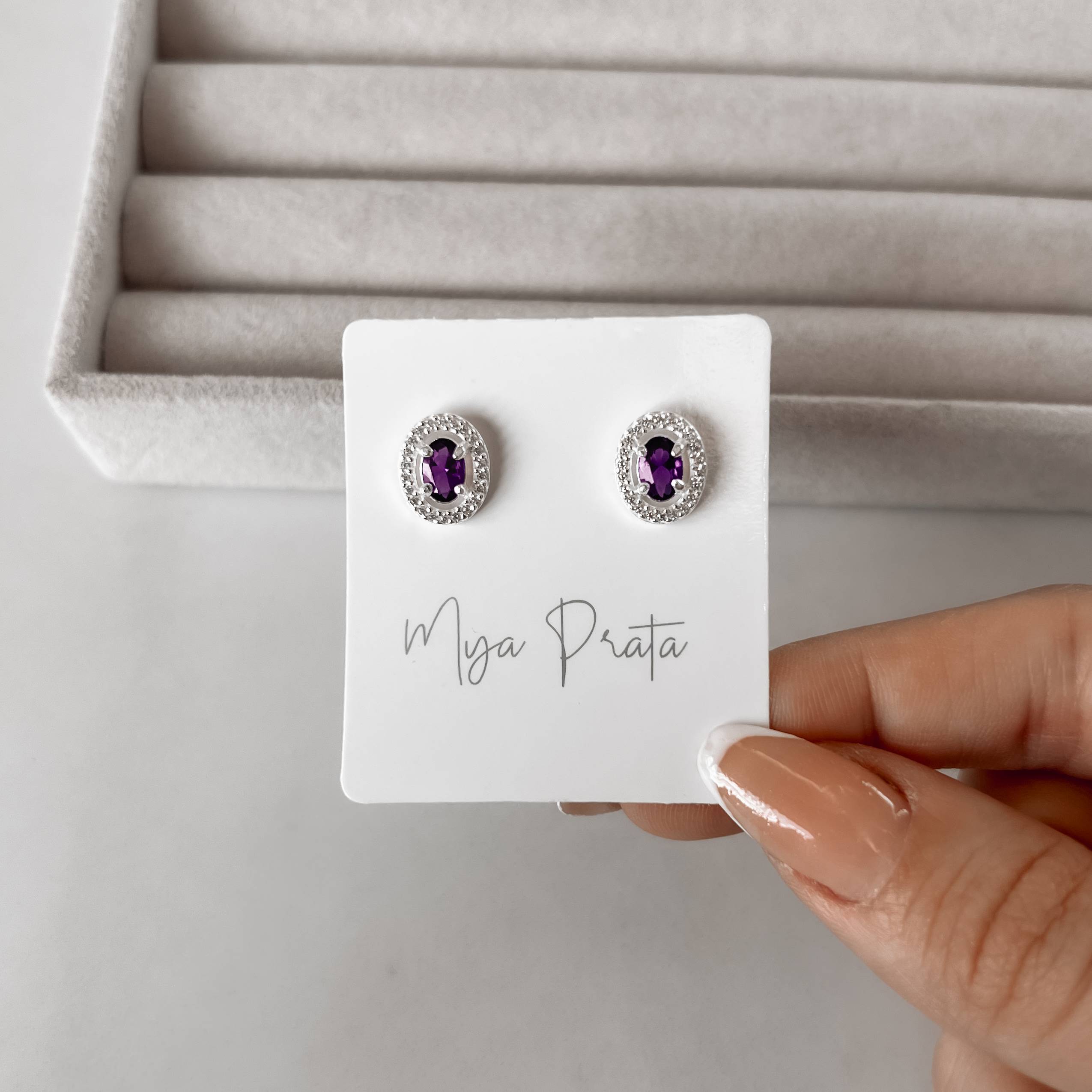 Imagem Brinco zircônia oval ametista com cravejado 11mm