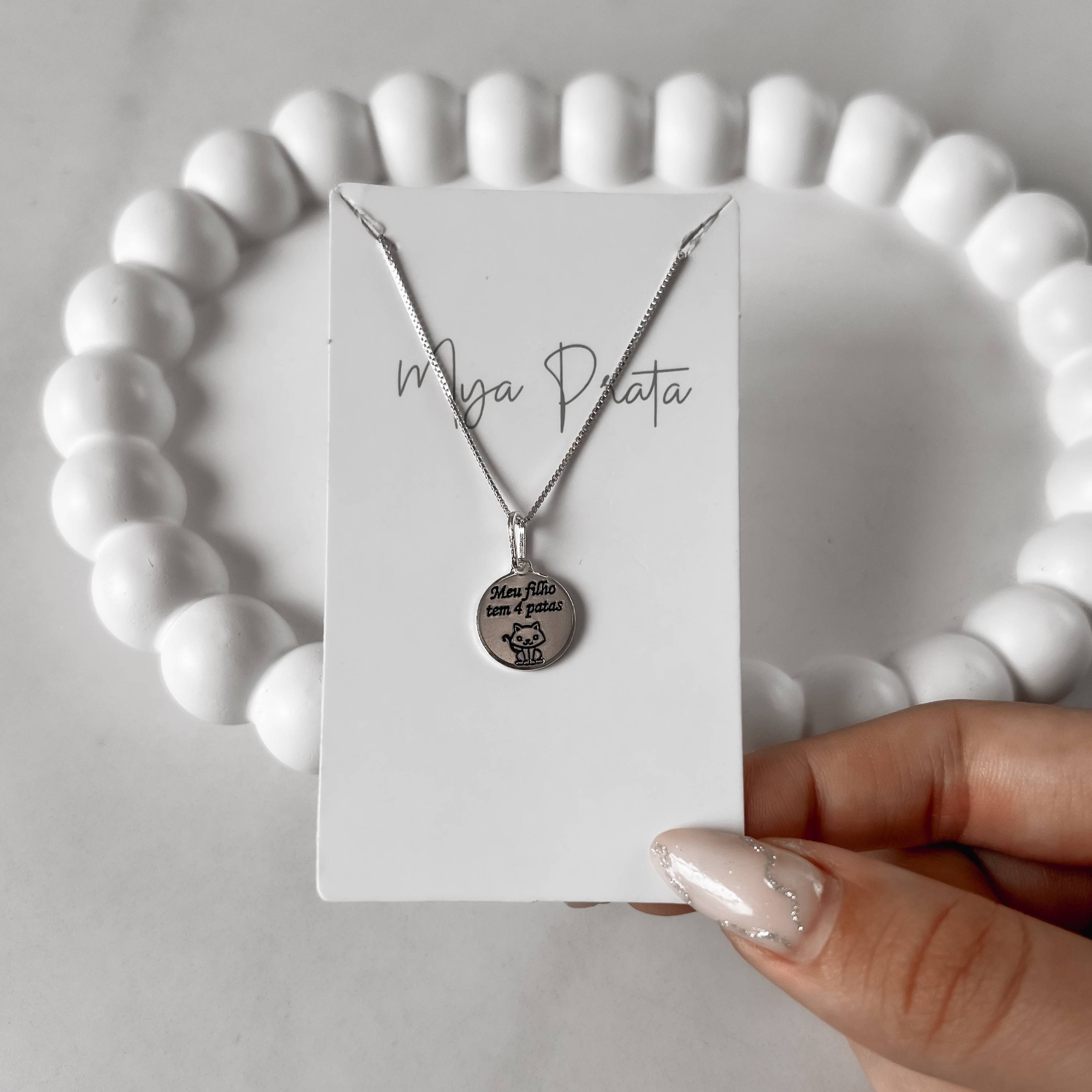 Imagem Colar pingente medalha Meu filho tem 4 patas Gato resina 12mm 45cm