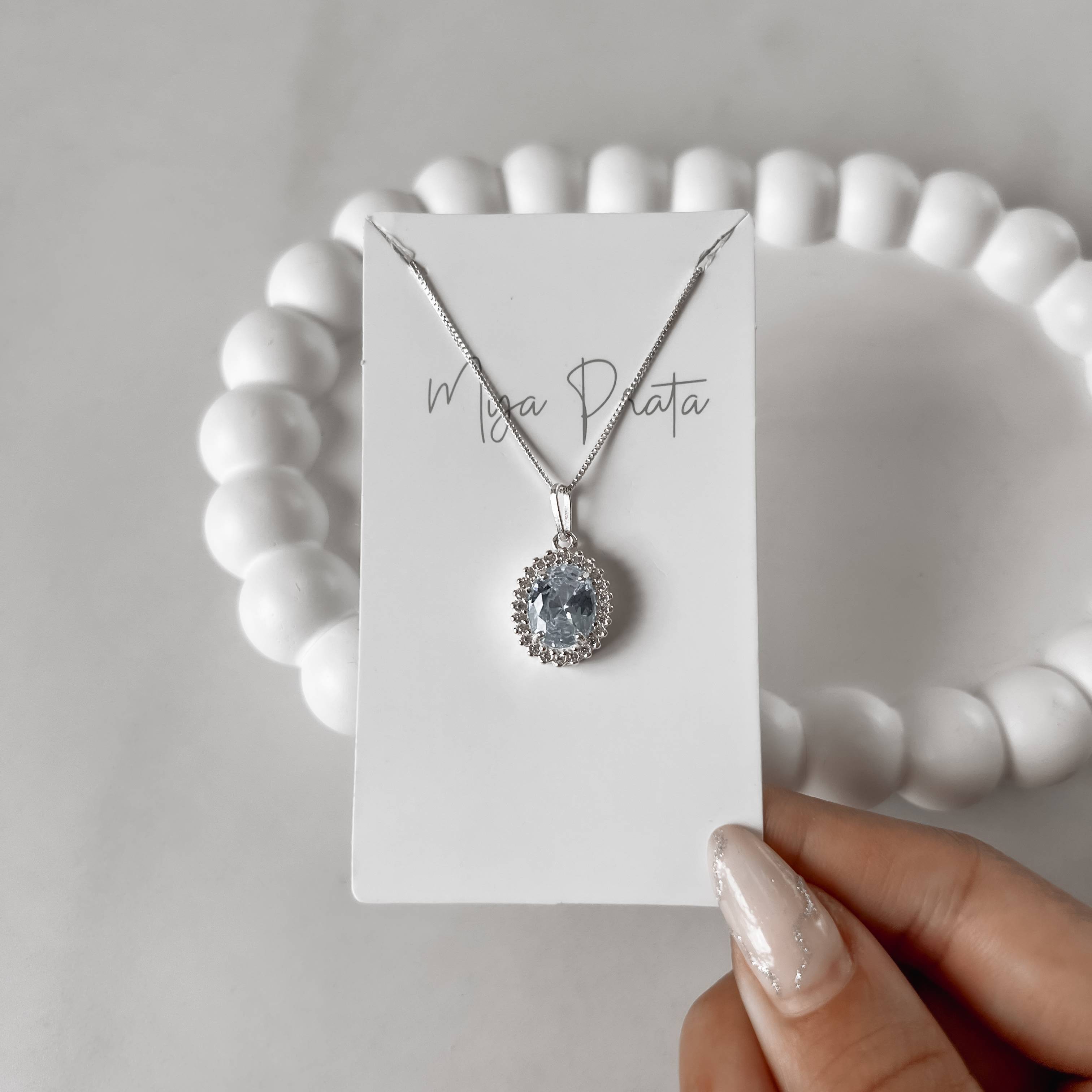 Imagem Secundária Colar pingente zircônia oval azul claro com cravejado 15mm 45cm