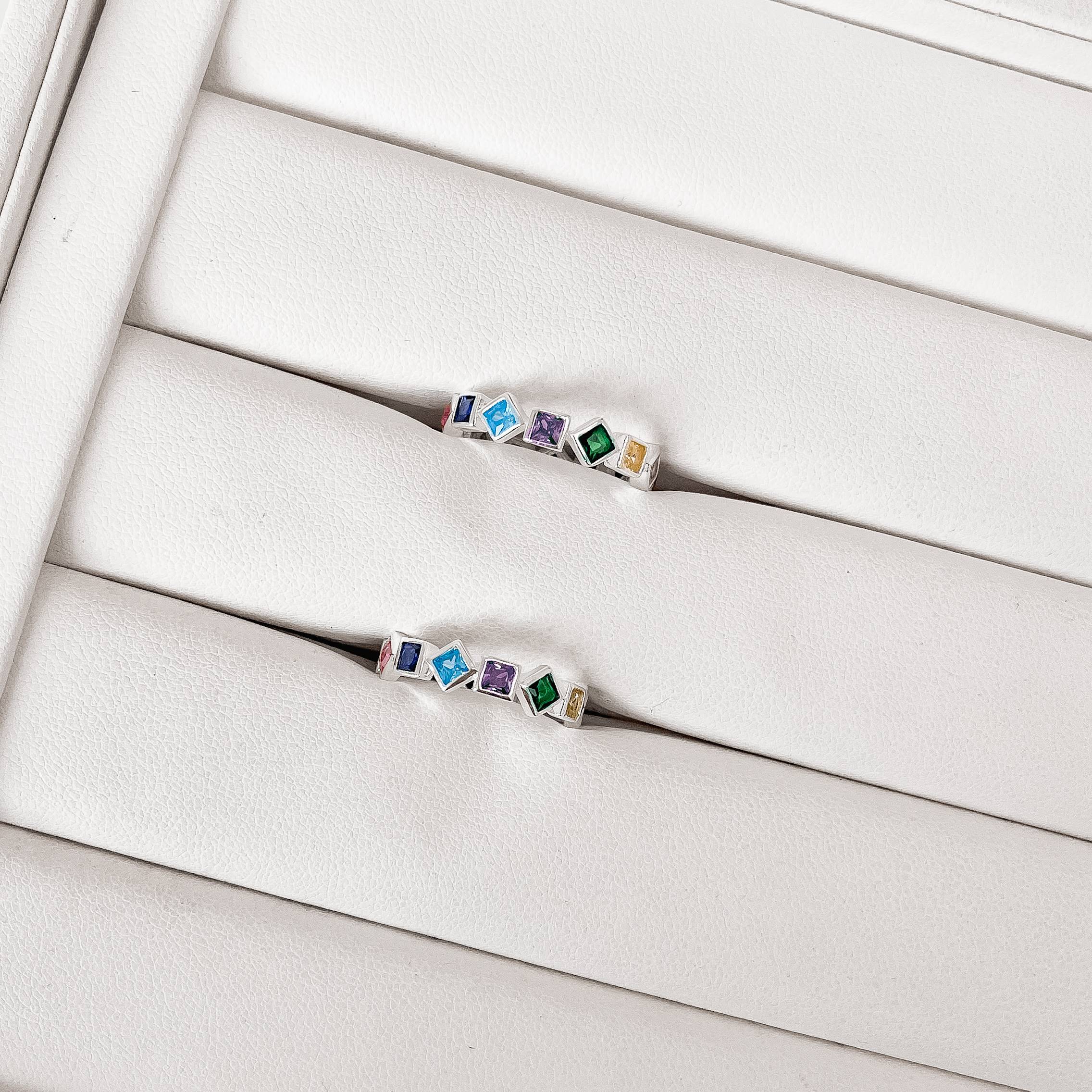 Anel zircônias losango e quadrada coloridas