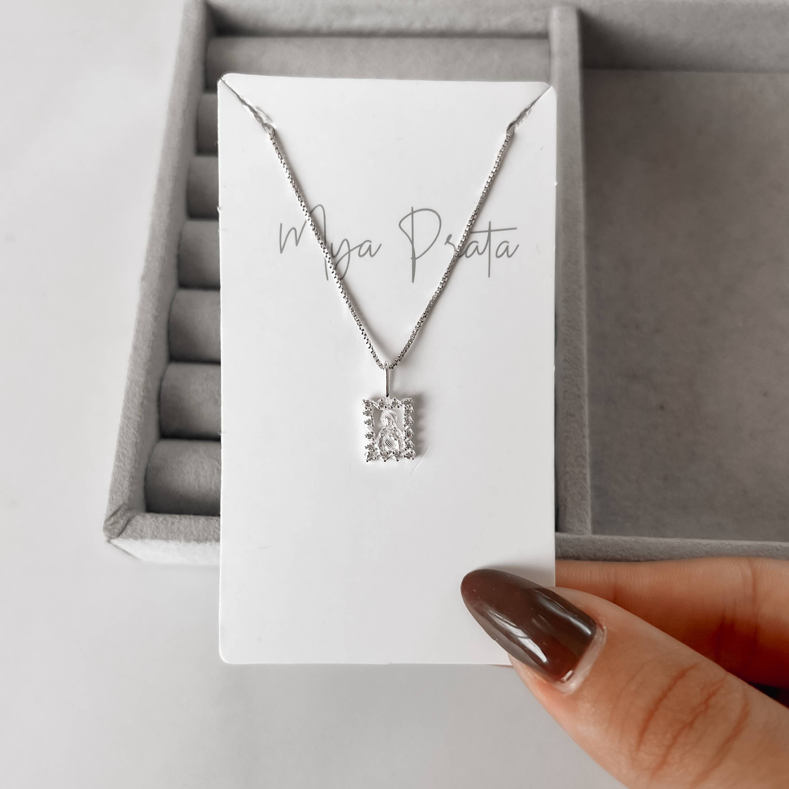 Imagem Colar pingente medalha Sagrado Coração cravejado 13mm 45cm