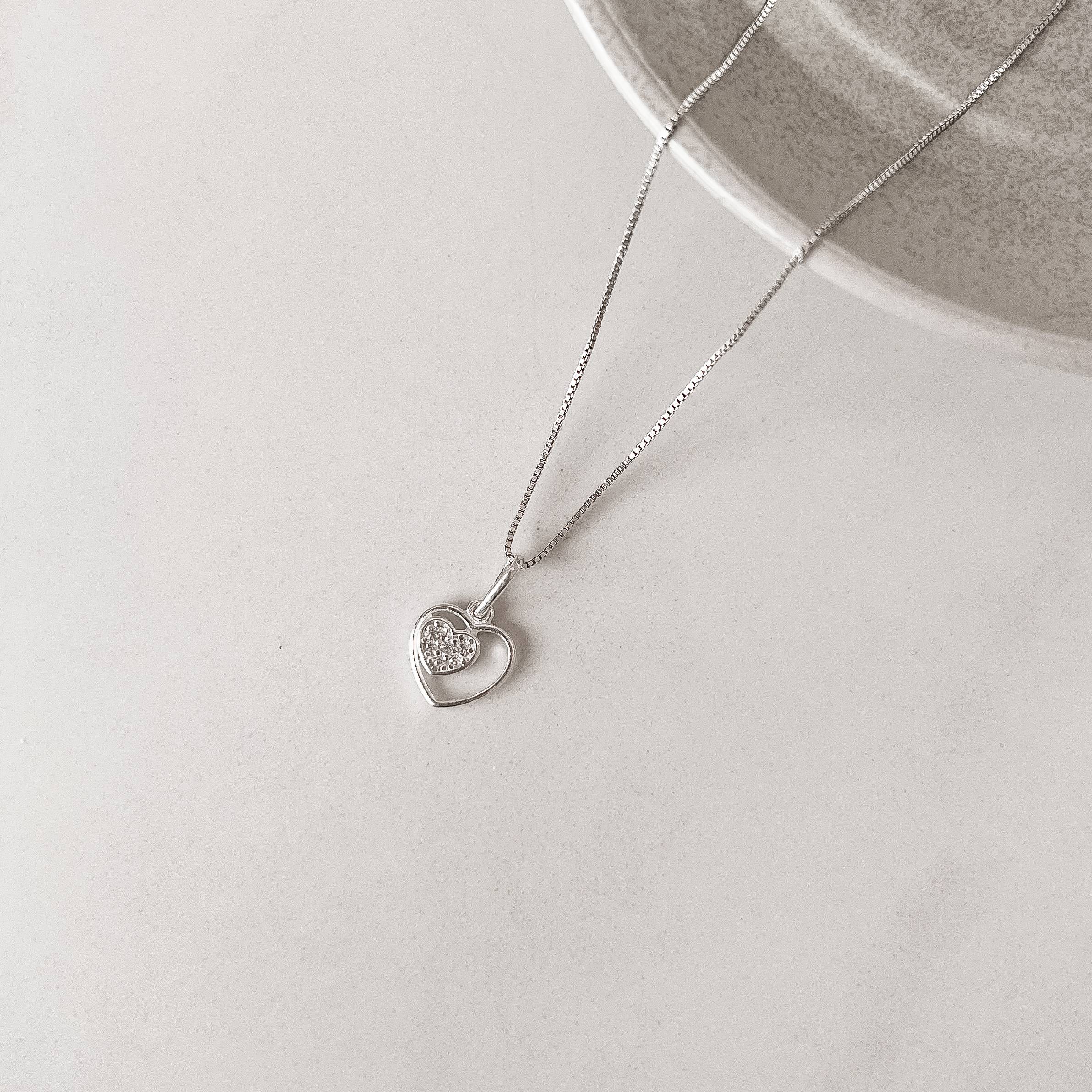 Imagem Secundária Colar pingente coração liso e cravejado 9mm 45cm