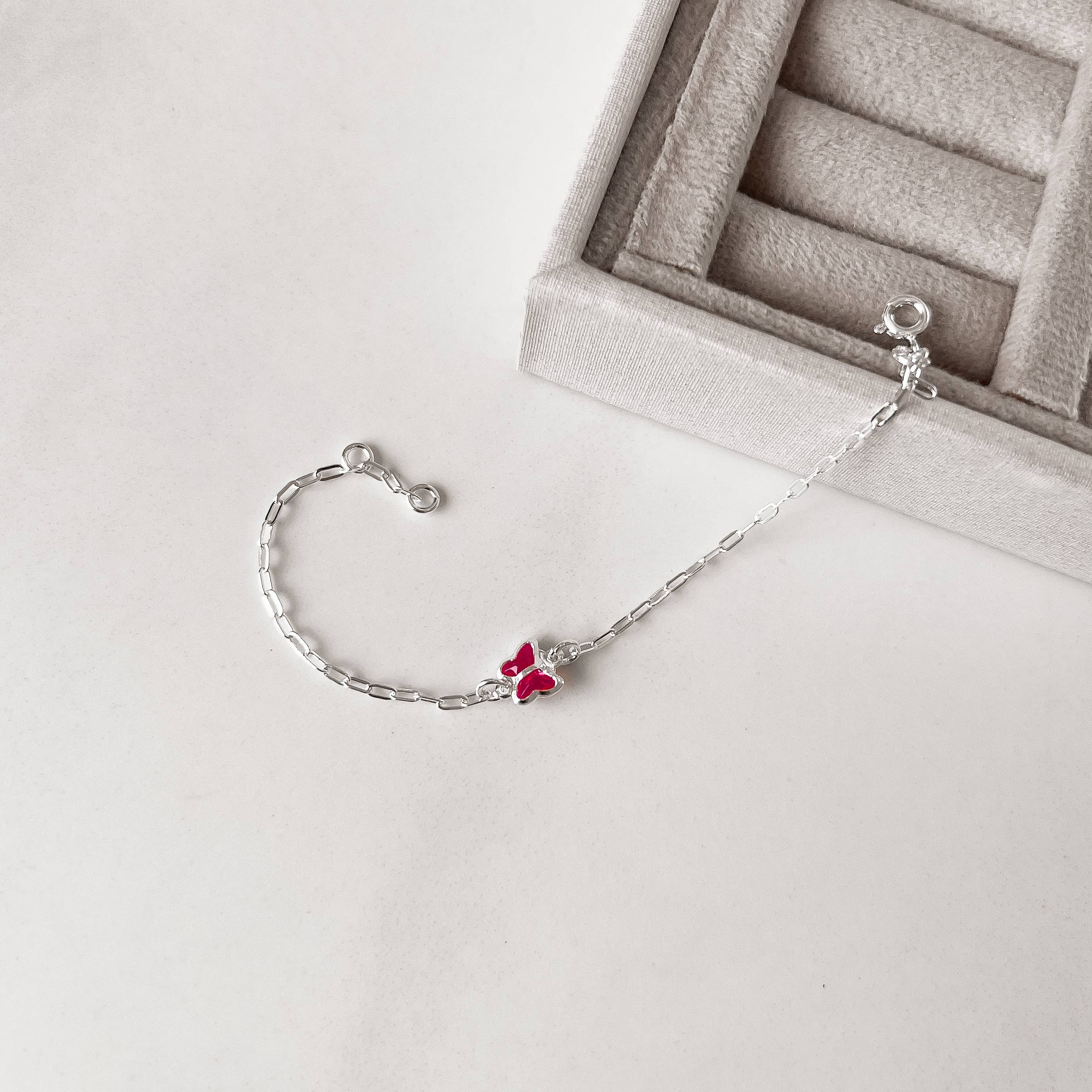 Pulseira infantil entremeio borboleta zircônia pink 7mm