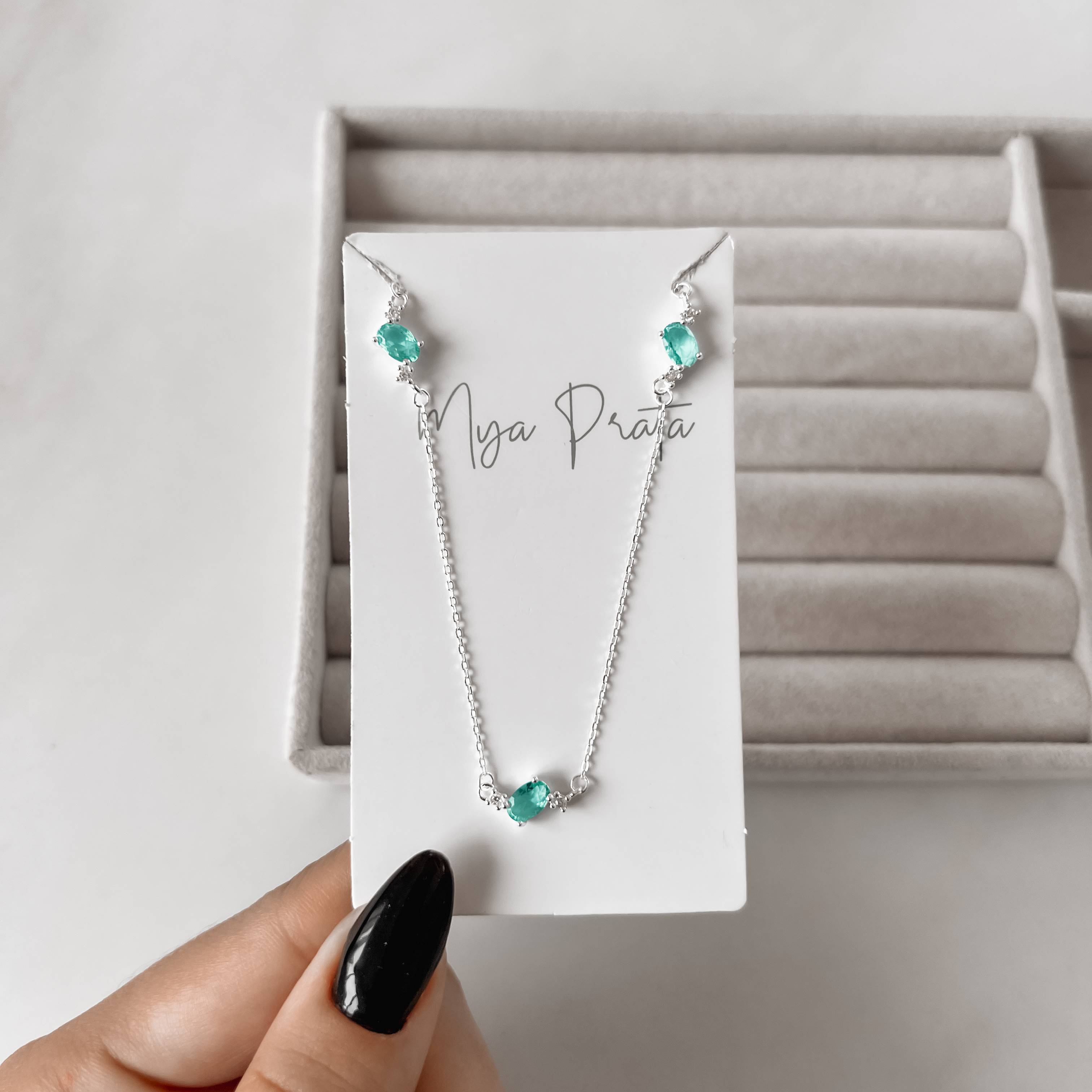 Imagem Secundária Colar entremeios zircônia oval acqua e redonda cristal 11mm 40+5cm