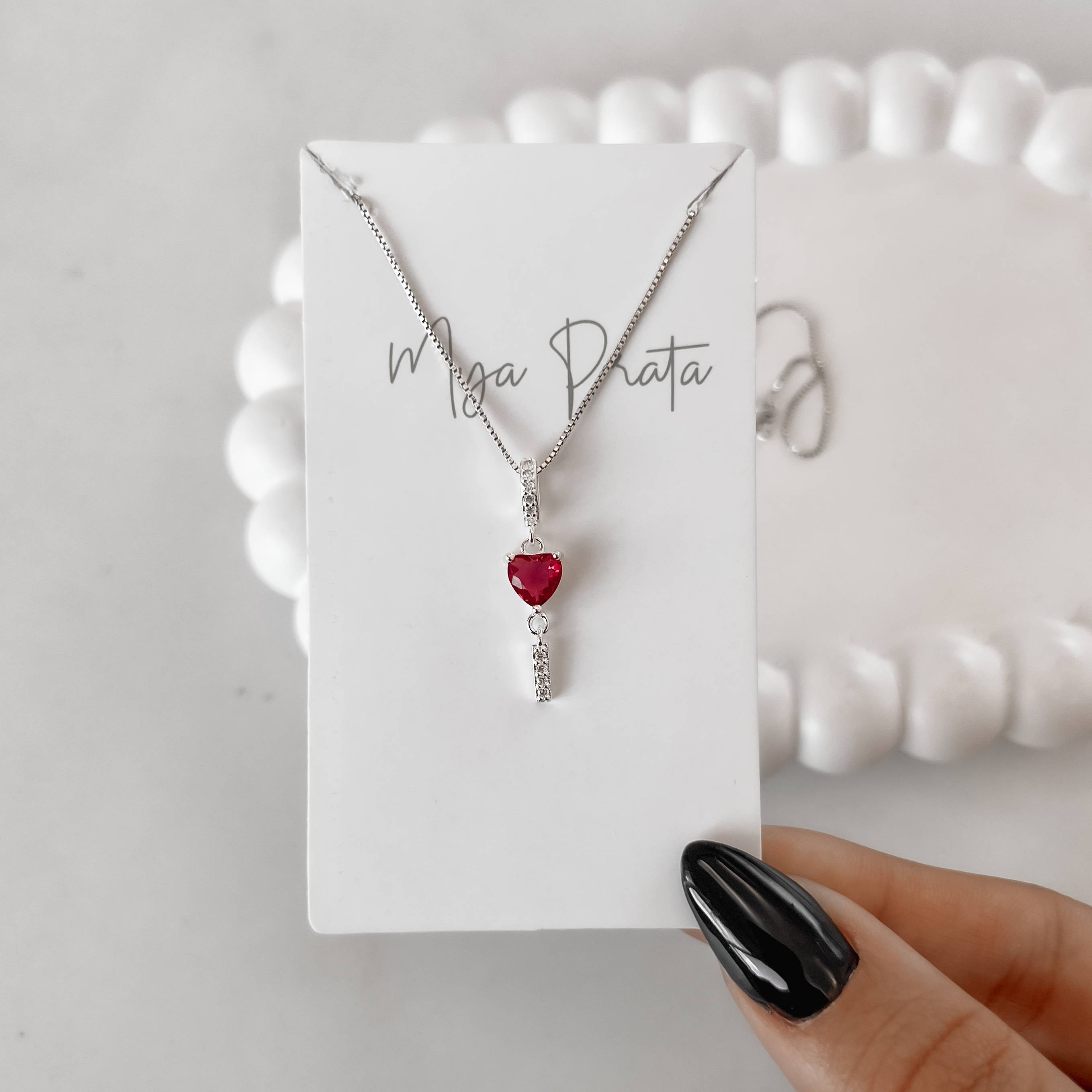 Imagem Secundária Colar pingente zircônia coração cereja e palito cravejado 17mm 45cm