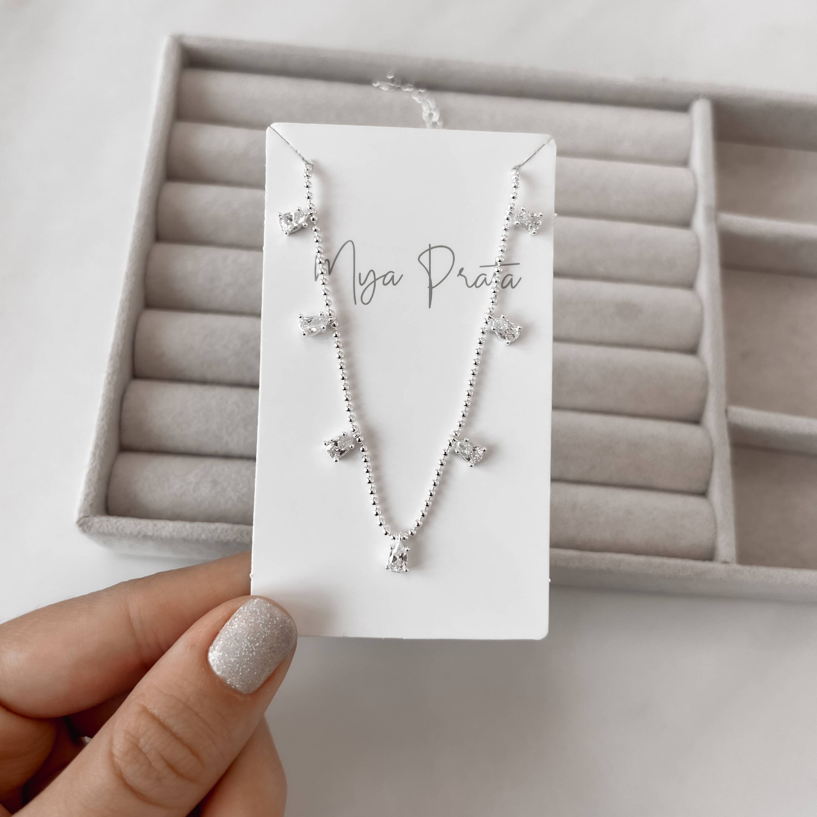 Colar micro bolas com pingentes zircônias gota 5mm 40+5cm