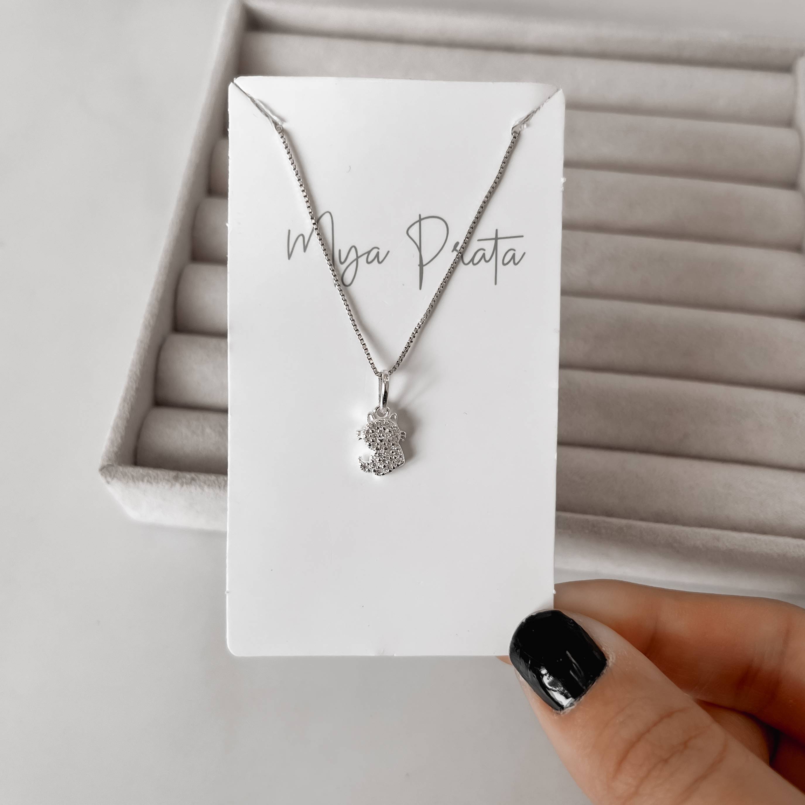 Imagem Secundária Colar pingente gato cravejado 9mm 45cm