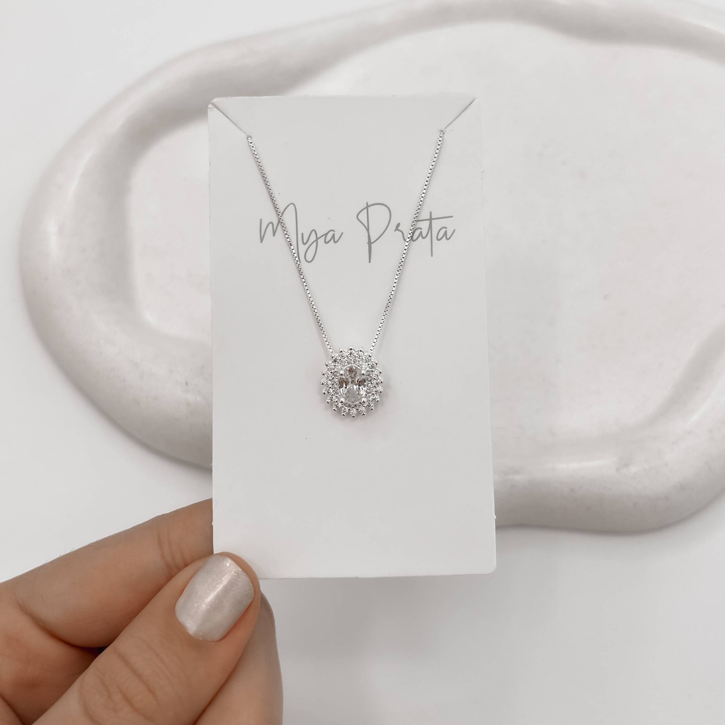 Colar zircônia oval com cravejado duplo 14mm 45cm