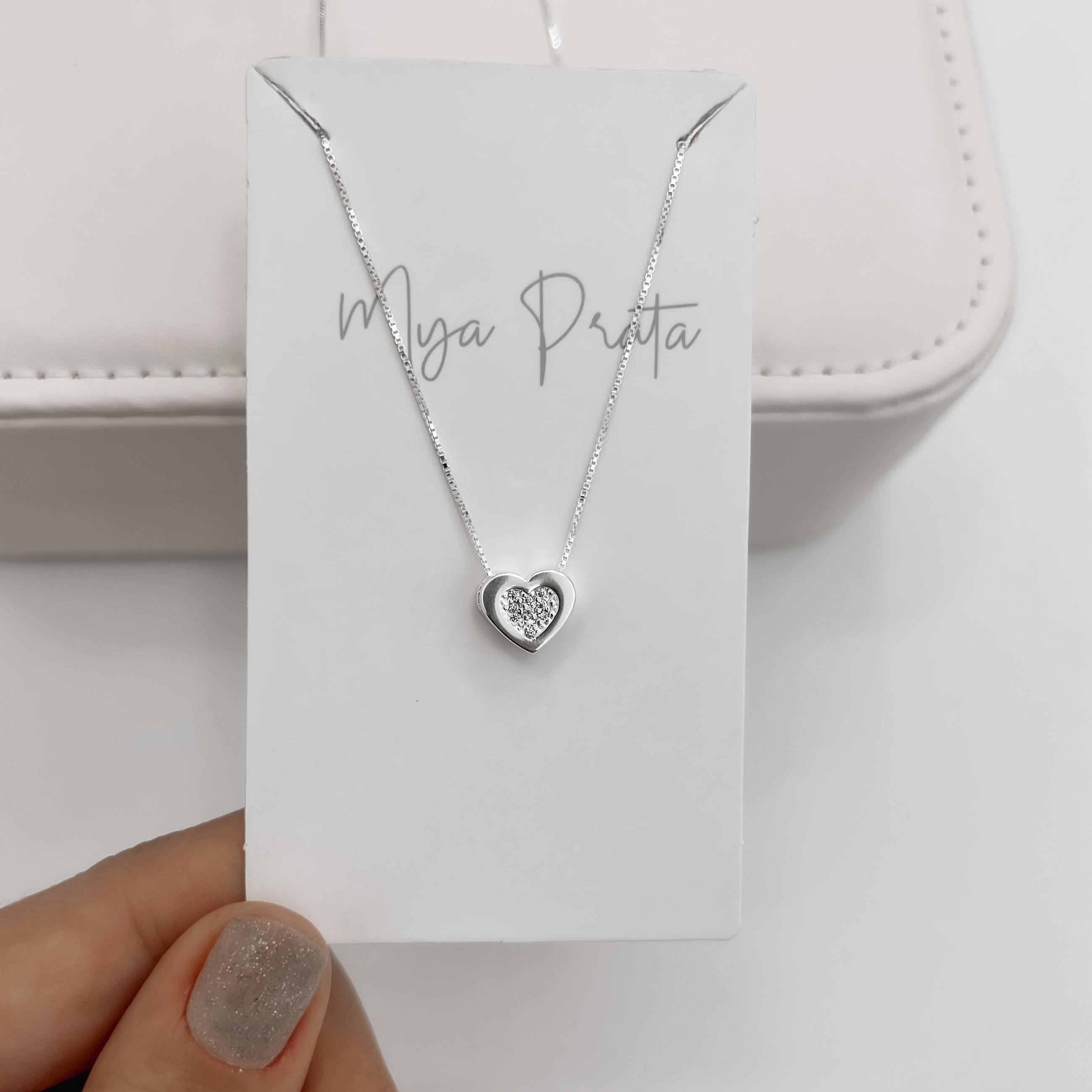 Colar coração detalhe cravejado 9mm 40cm