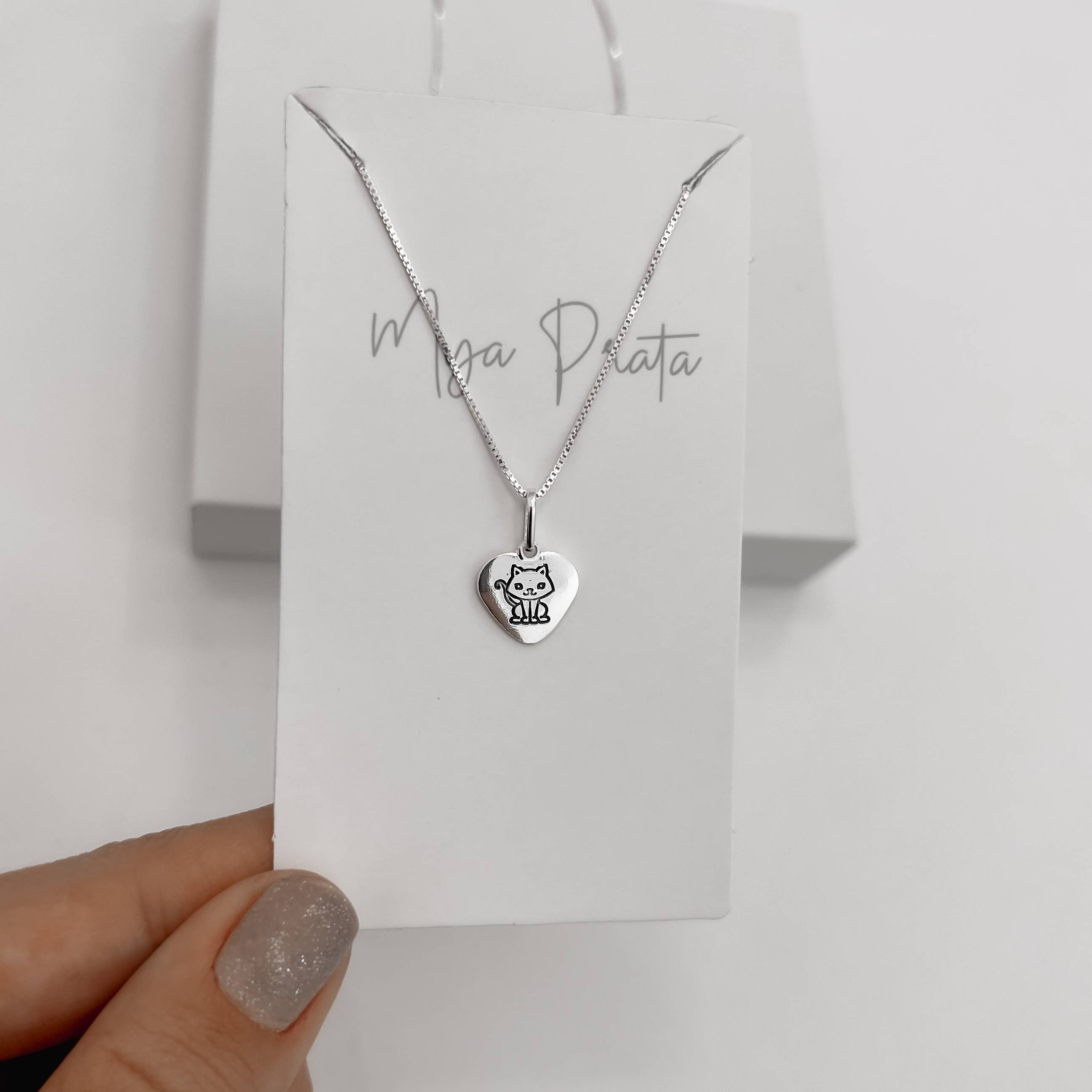 Imagem Secundária Colar pingente coração gato resina 11mm 45cm