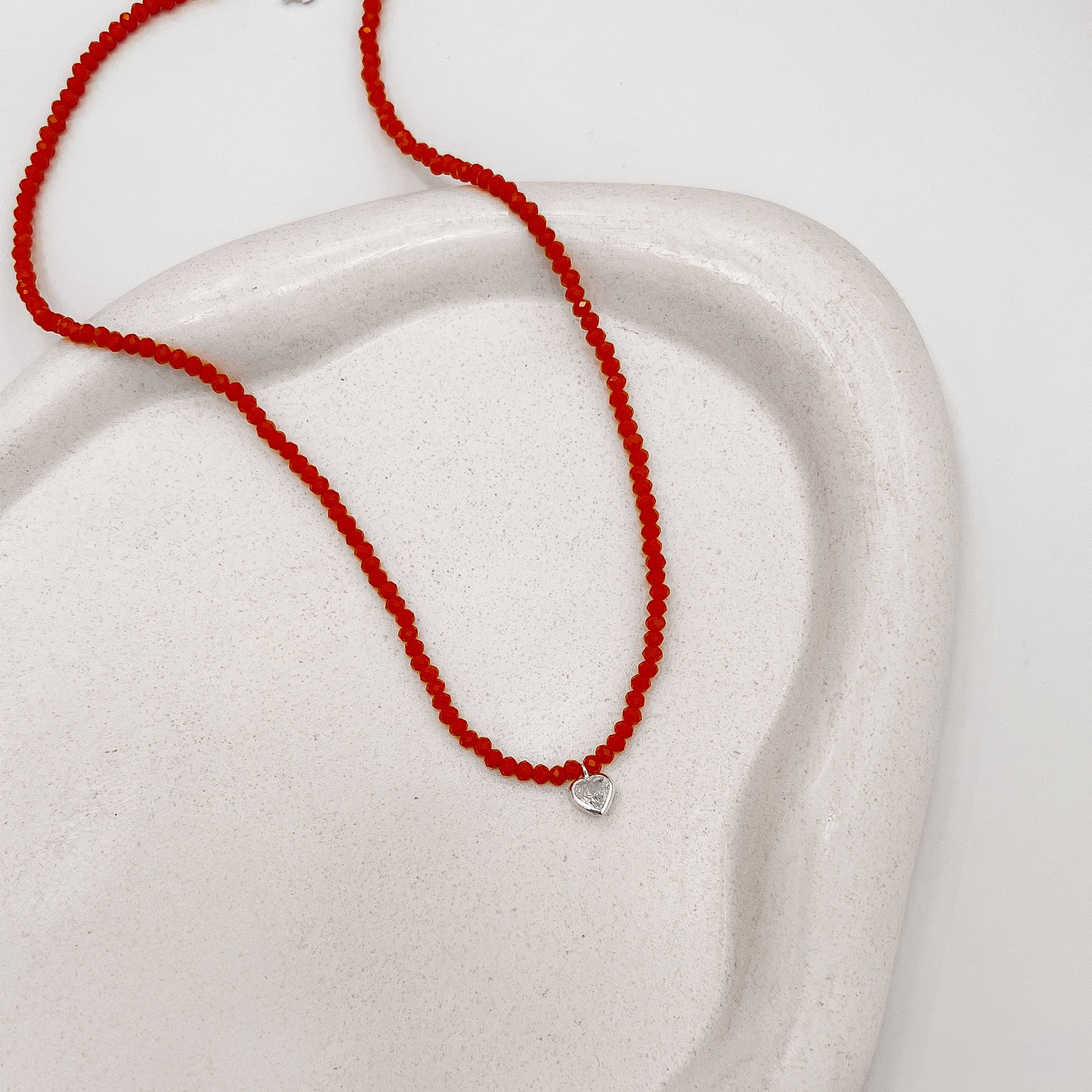 Choker cristal coral 3mm pingente zircônia coração cristal 6mm 40+5cm