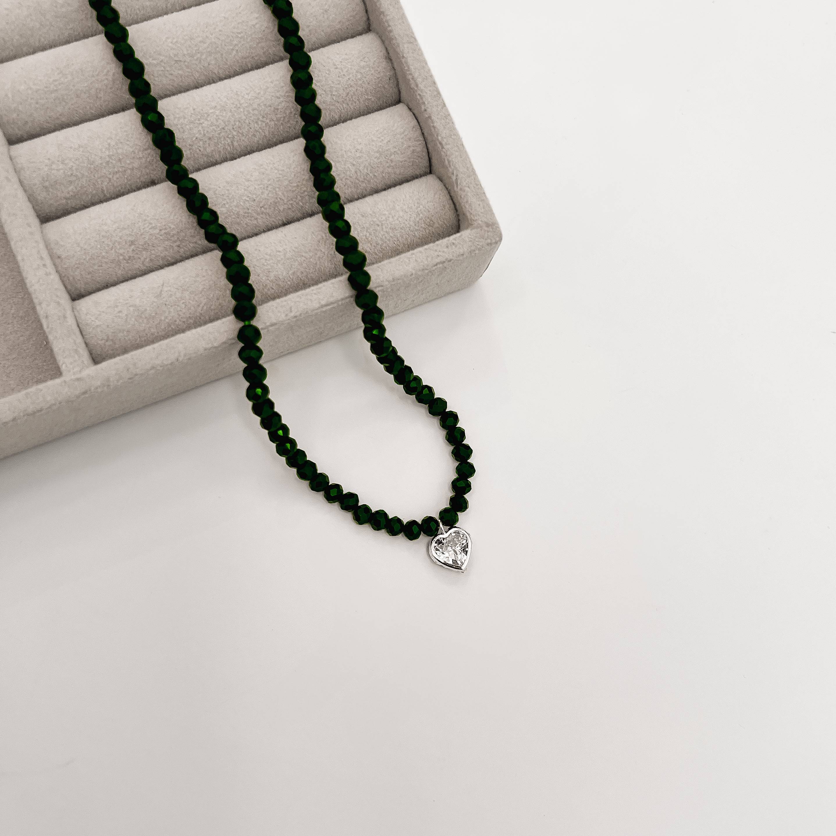 Imagem Secundária Choker cristal verde escuro 4mm pingente zircônia coração cristal 8mm 40+5cm