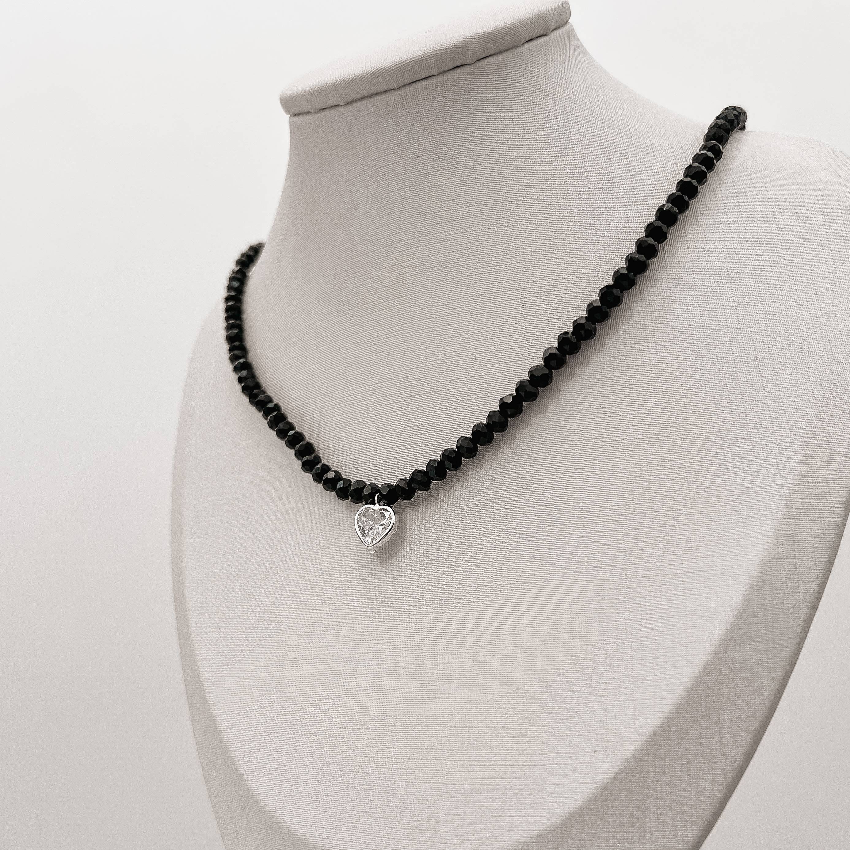 Choker cristal preto 4mm pingente zircônia coração cristal 8mm 40+5cm