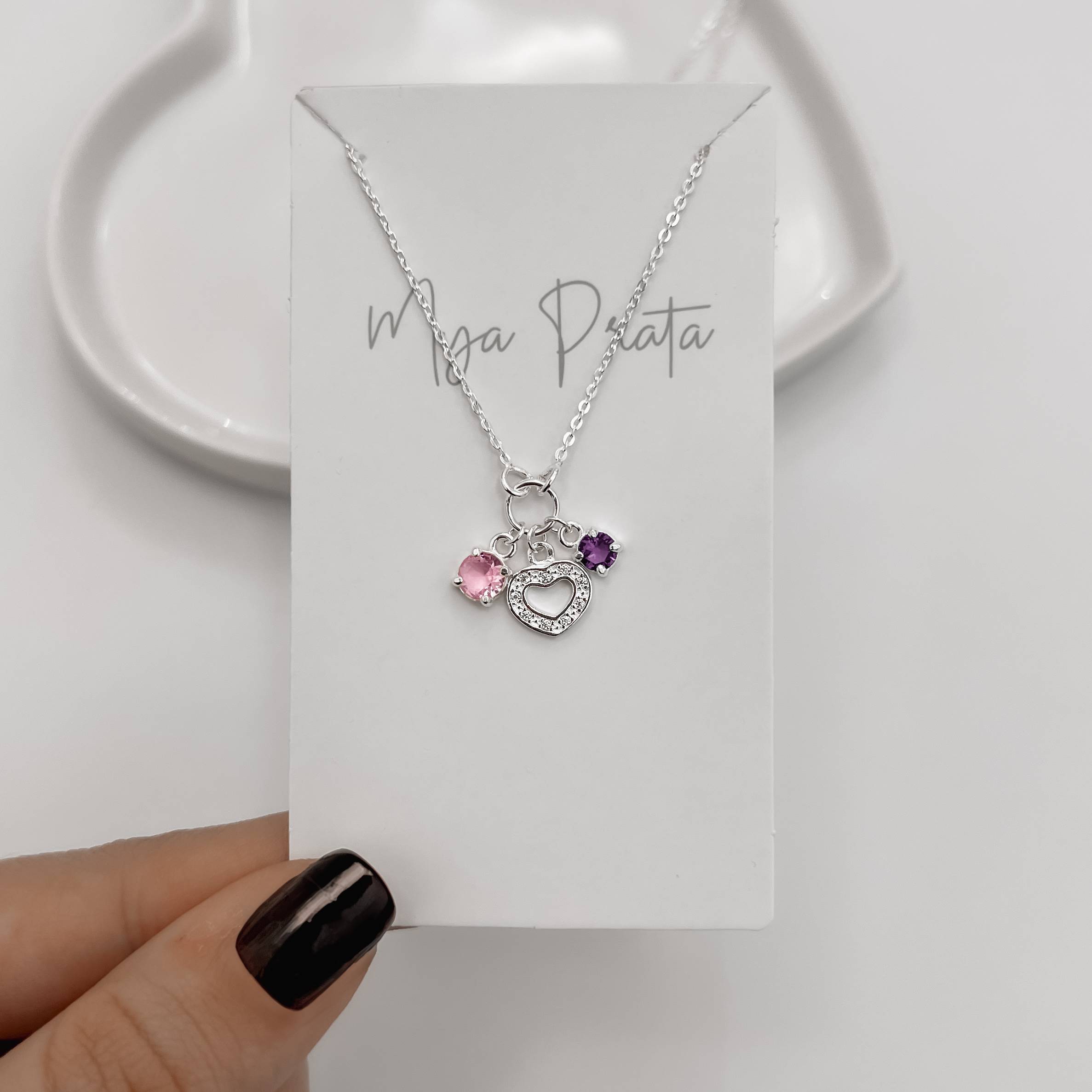 Imagem Secundária Colar entremeio círculo pingentes coração vazado cravejado, zircônias rosa e roxo corrente cadeadinho 40+5cm