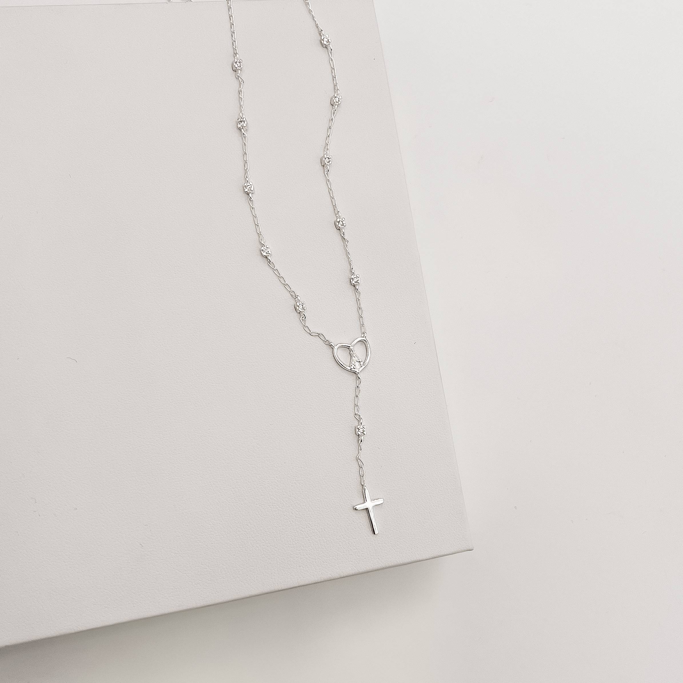 Imagem Colar coração Nsa. Sra. Aparecida terço com zircônias 45cm com alongadora