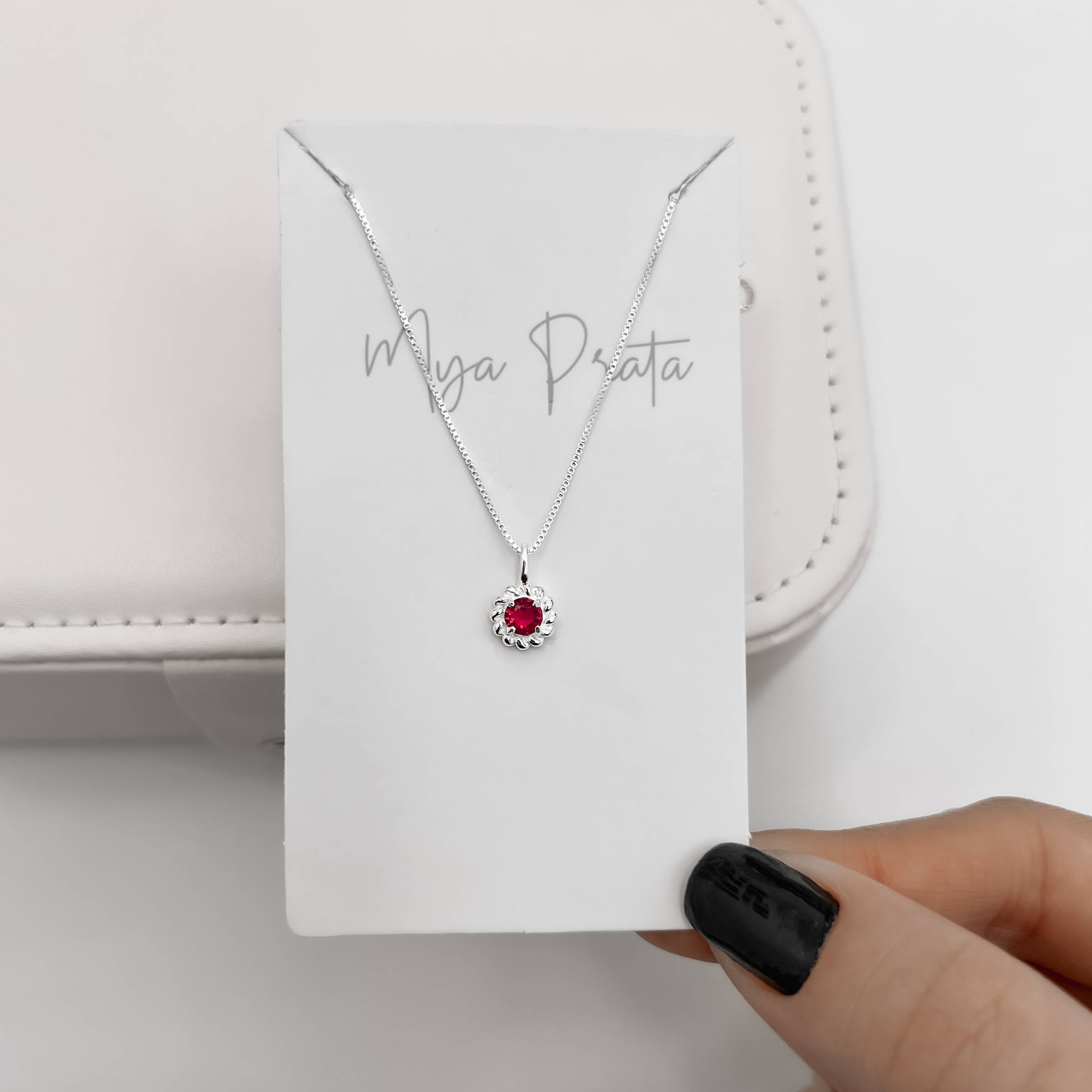 Colar pingente zircônia redonda cereja detalhe torcido 7mm 40cm