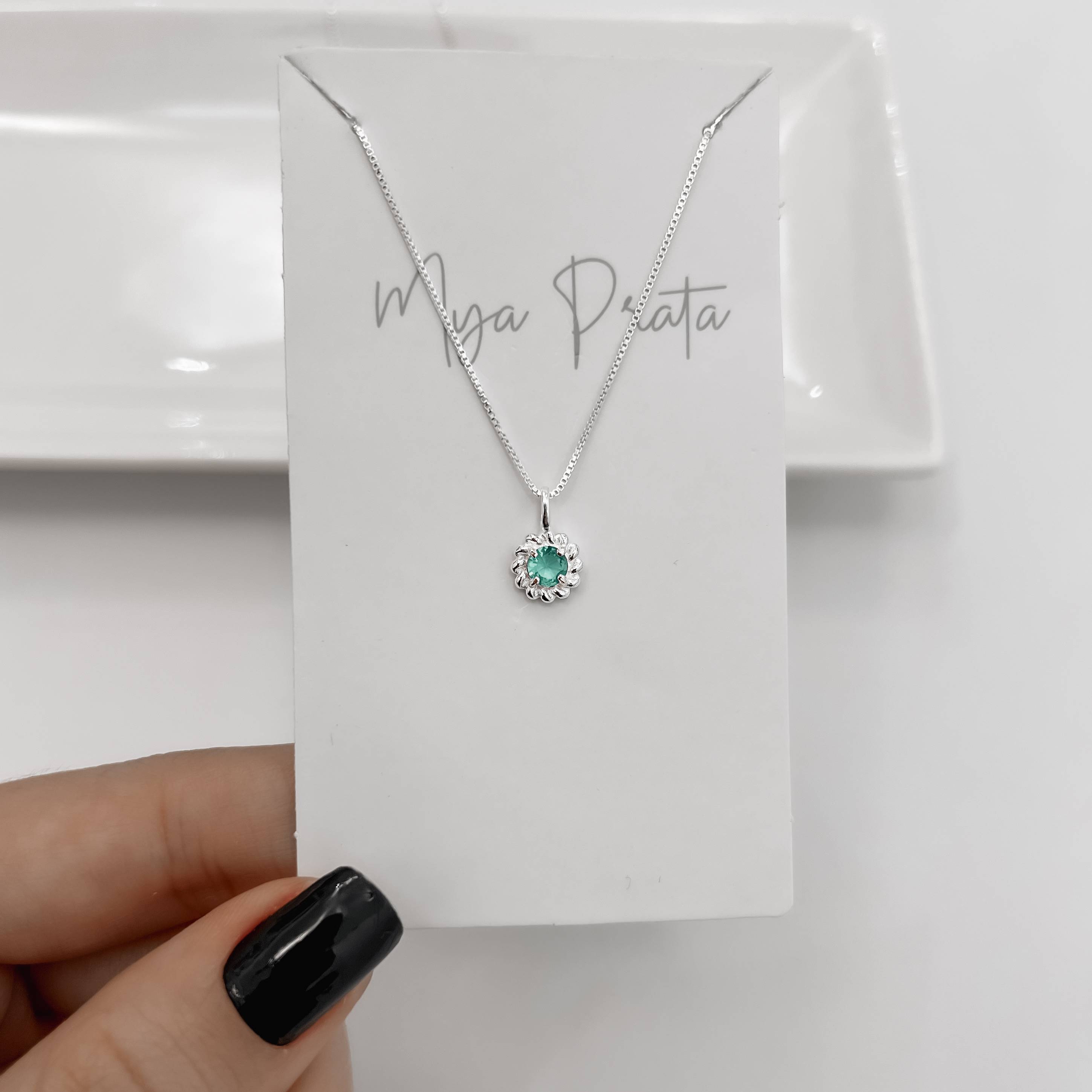 Imagem Secundária Colar pingente zircônia redonda acqua detalhe torcido 7mm 40cm