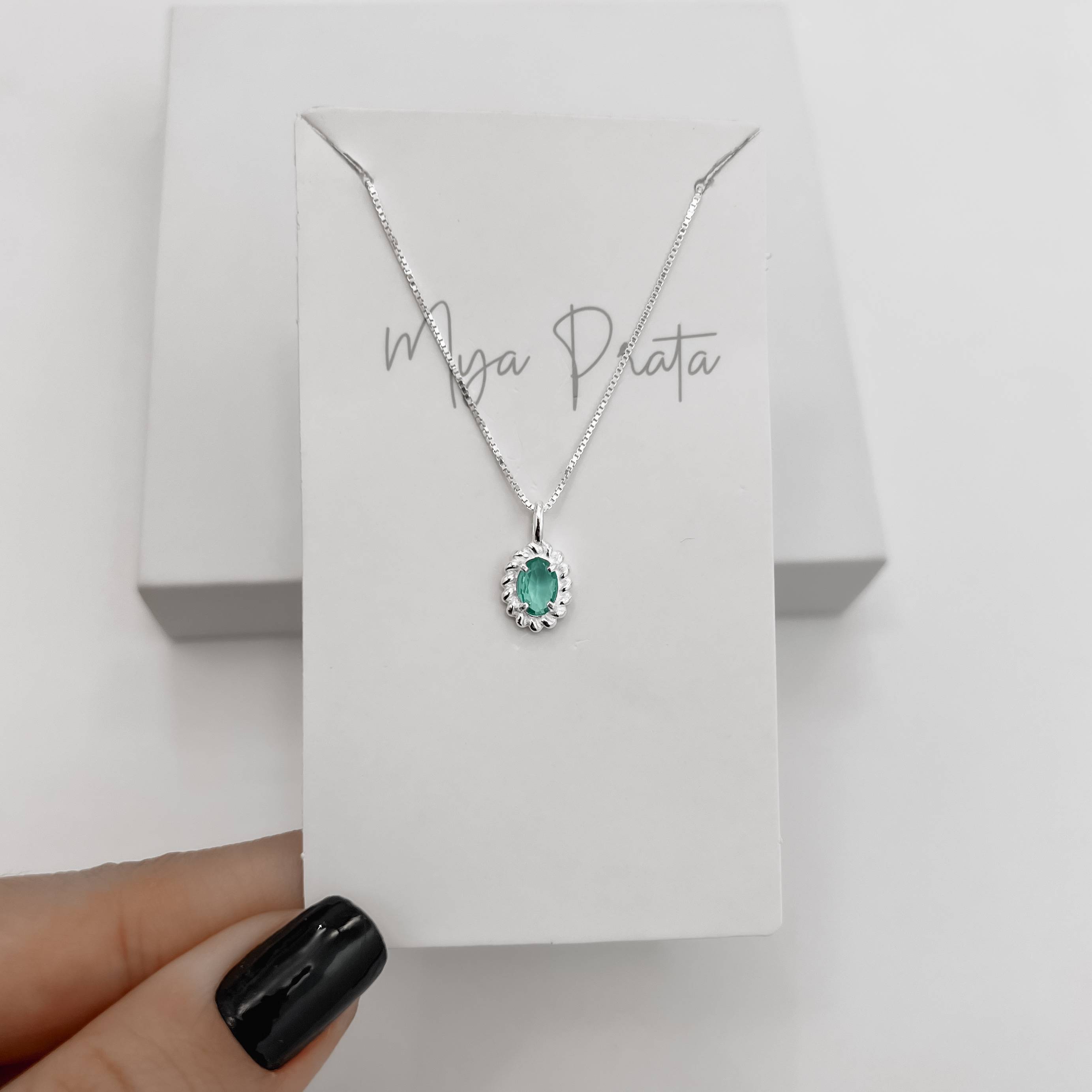 Colar pingente zircônia oval acqua detalhe torcido 10mm 45cm