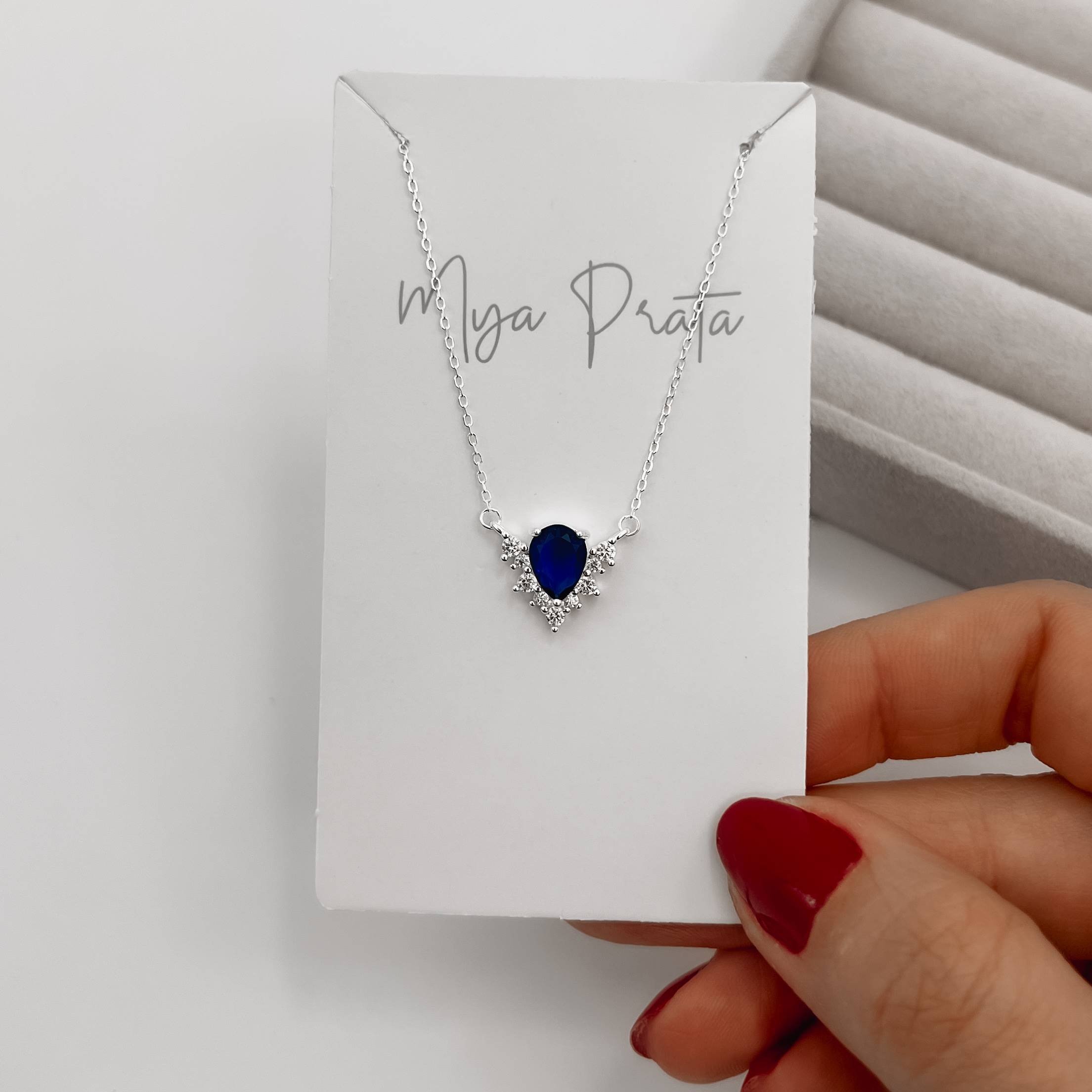 Imagem Colar entremeio zircônia gota azul escuro com cravejado 12mm 40+5cm