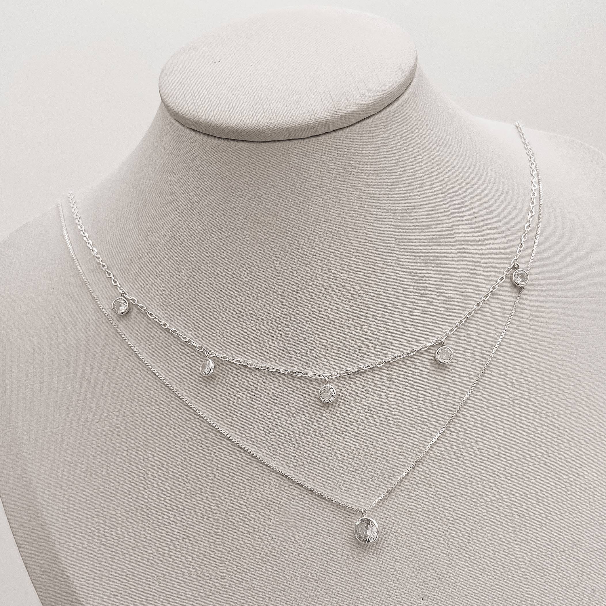 Colar duplo pingentes zircônias 4 e 6mm corrente cartier 45cm e veneziana 50cm