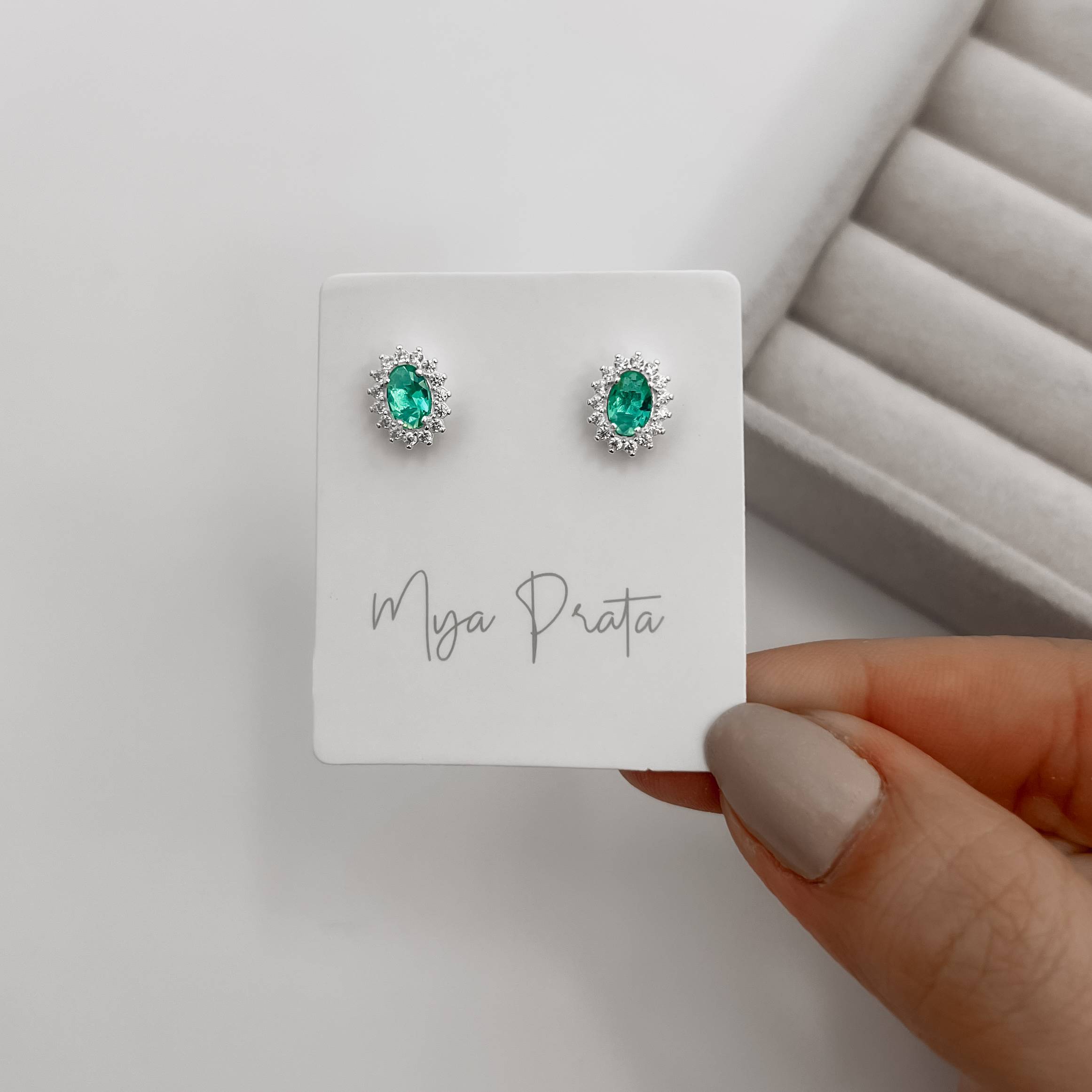 Imagem Brinco zircônia oval acqua com cravejado 10mm