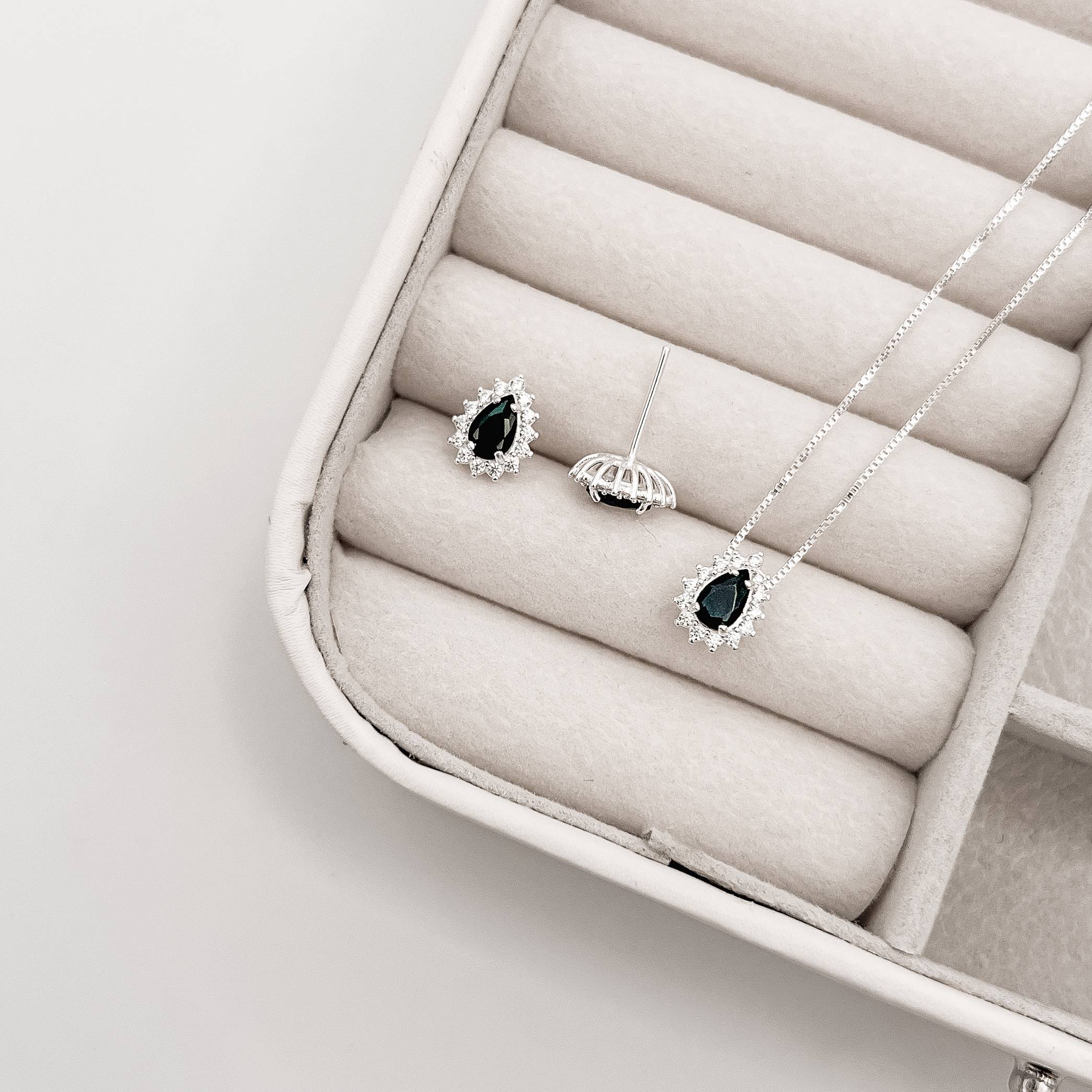 Conjunto brinco e colar zircônia gota ônix com cravejado 10mm 45cm