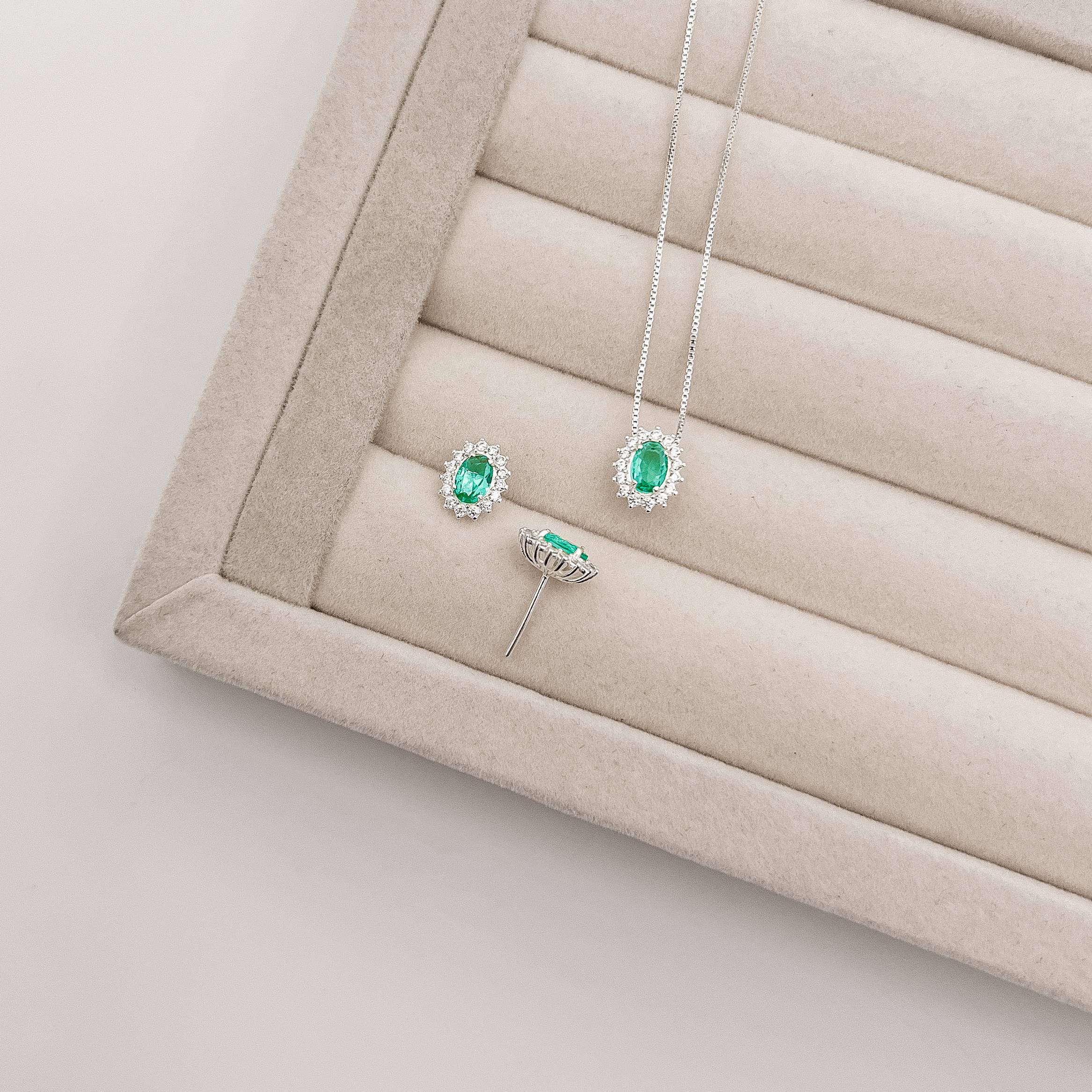 Conjunto brinco e colar zircônia oval acqua com cravejado 10mm 45cm