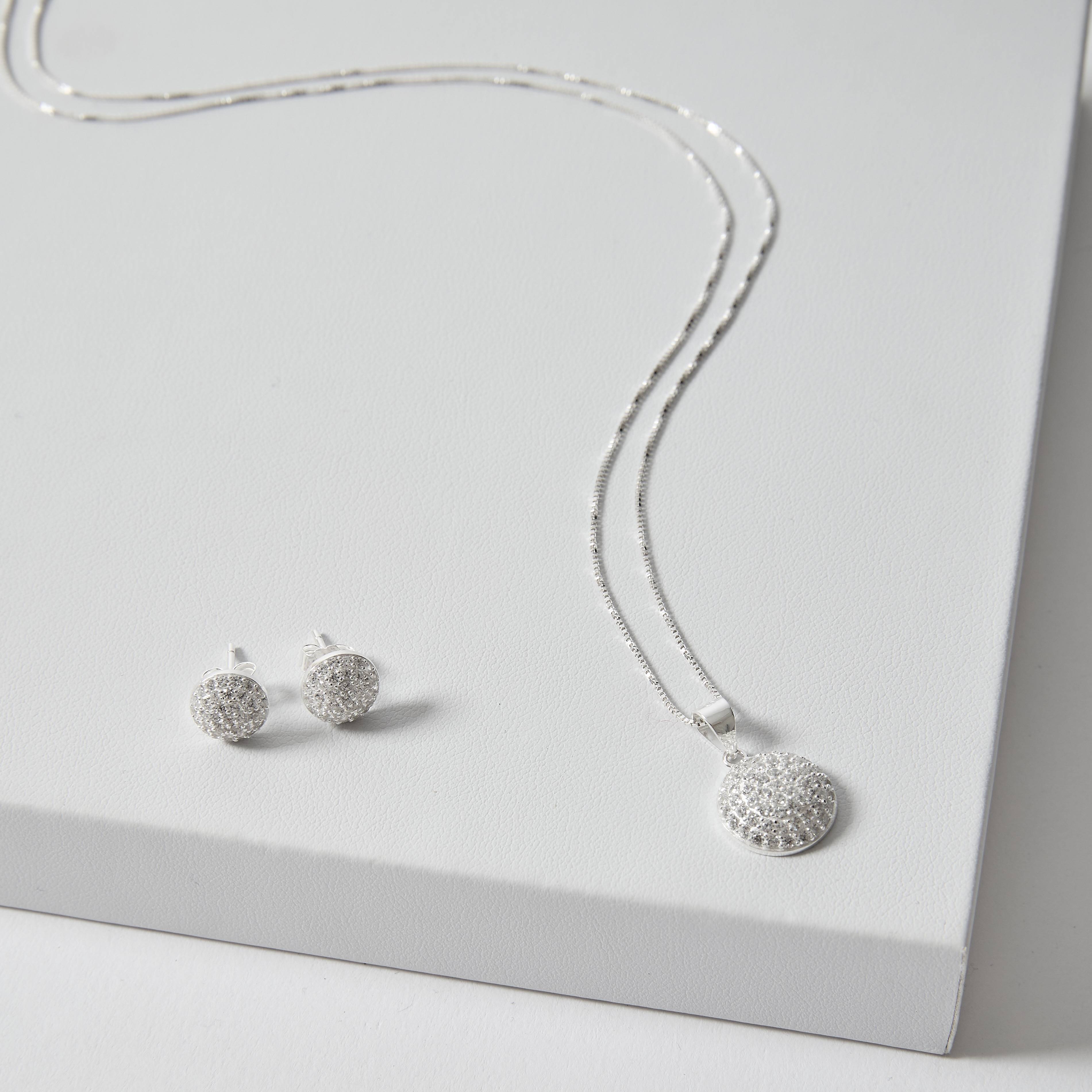 Conjunto brinco e colar pingente círculo todo cravejado 12mm 45cm