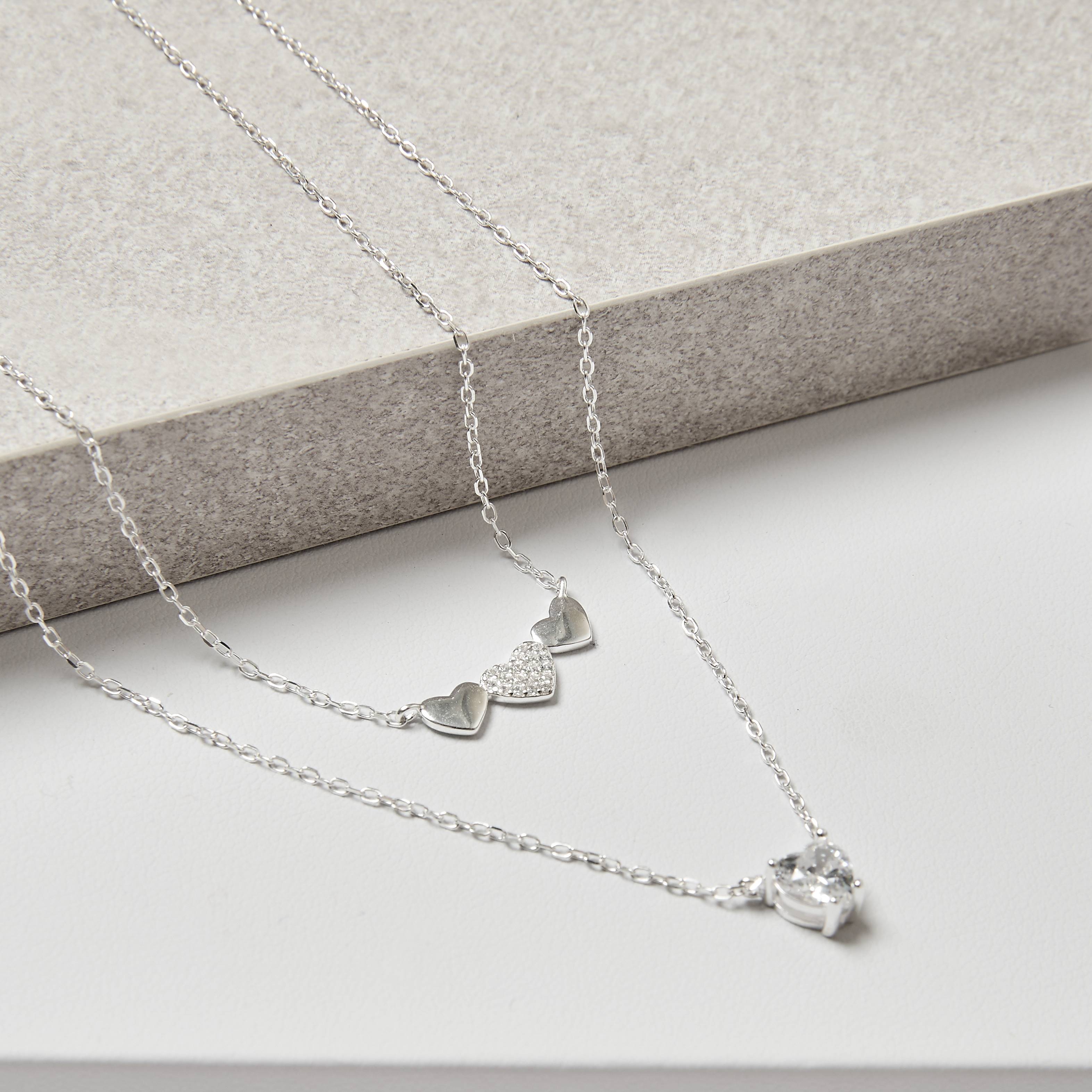 Imagem Secundária Colar duplo 3 corações liso e cravejado 40cm e zircônia coração 6mm 45+5cm