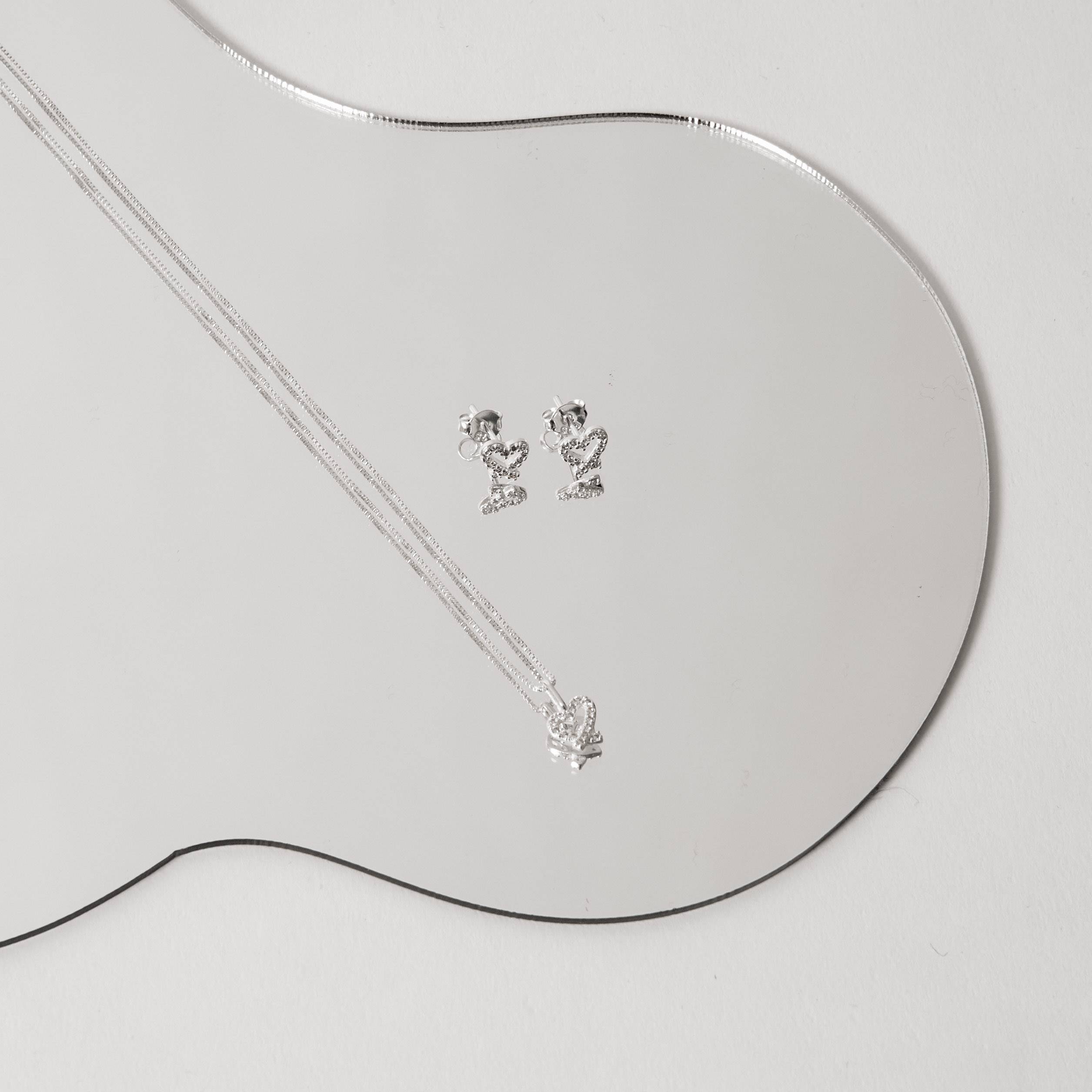 Conjunto brinco e colar volta coração cravejado 7mm 40cm