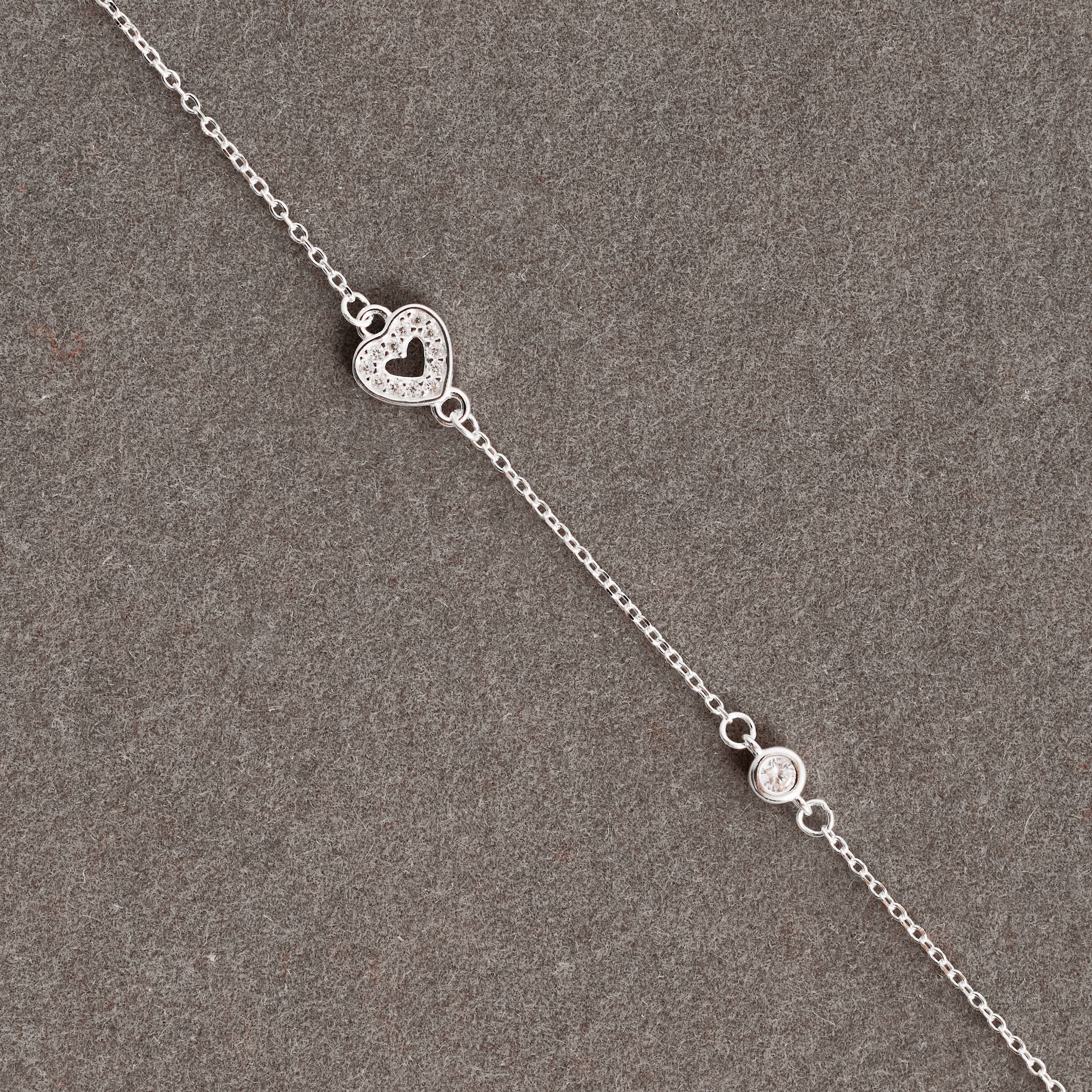 Pulseira entremeios coração vazado cravejado e zircônia 16+5cm