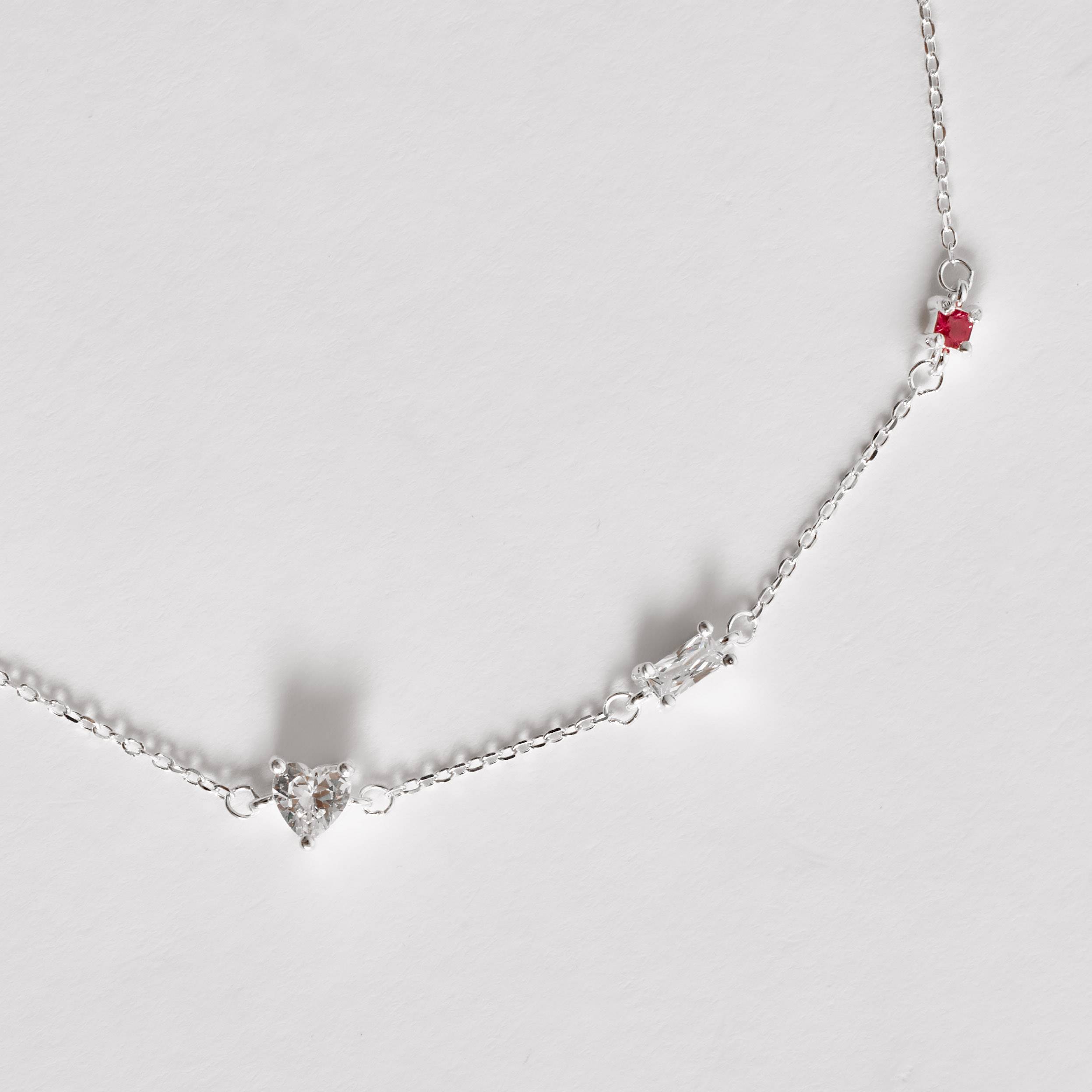 Pulseira entremeios zircônias quadrada rubi, retangular e coração cristal 16+4cm