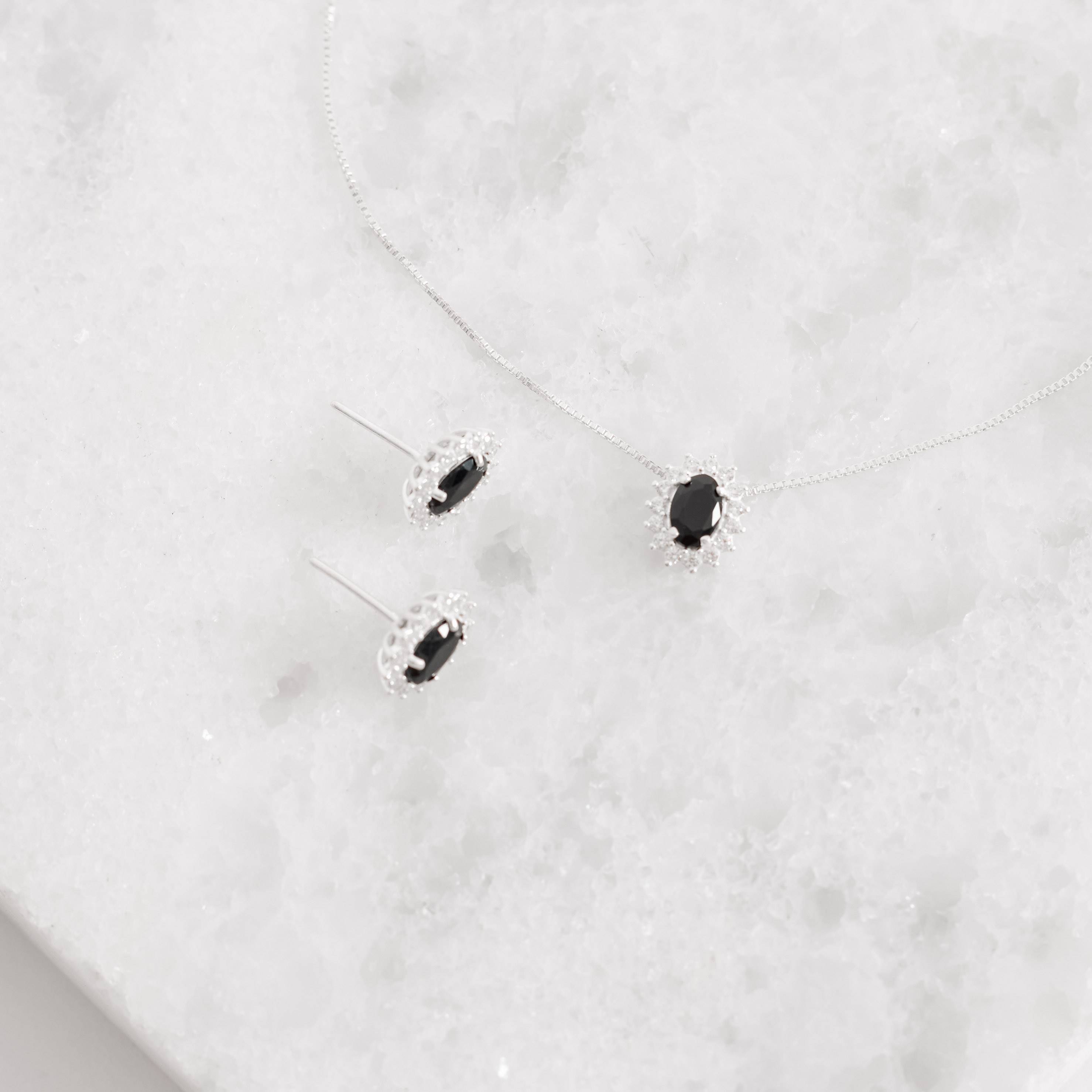 Conjunto brinco e colar zircônia oval ônix com cravejado 10mm 45cm