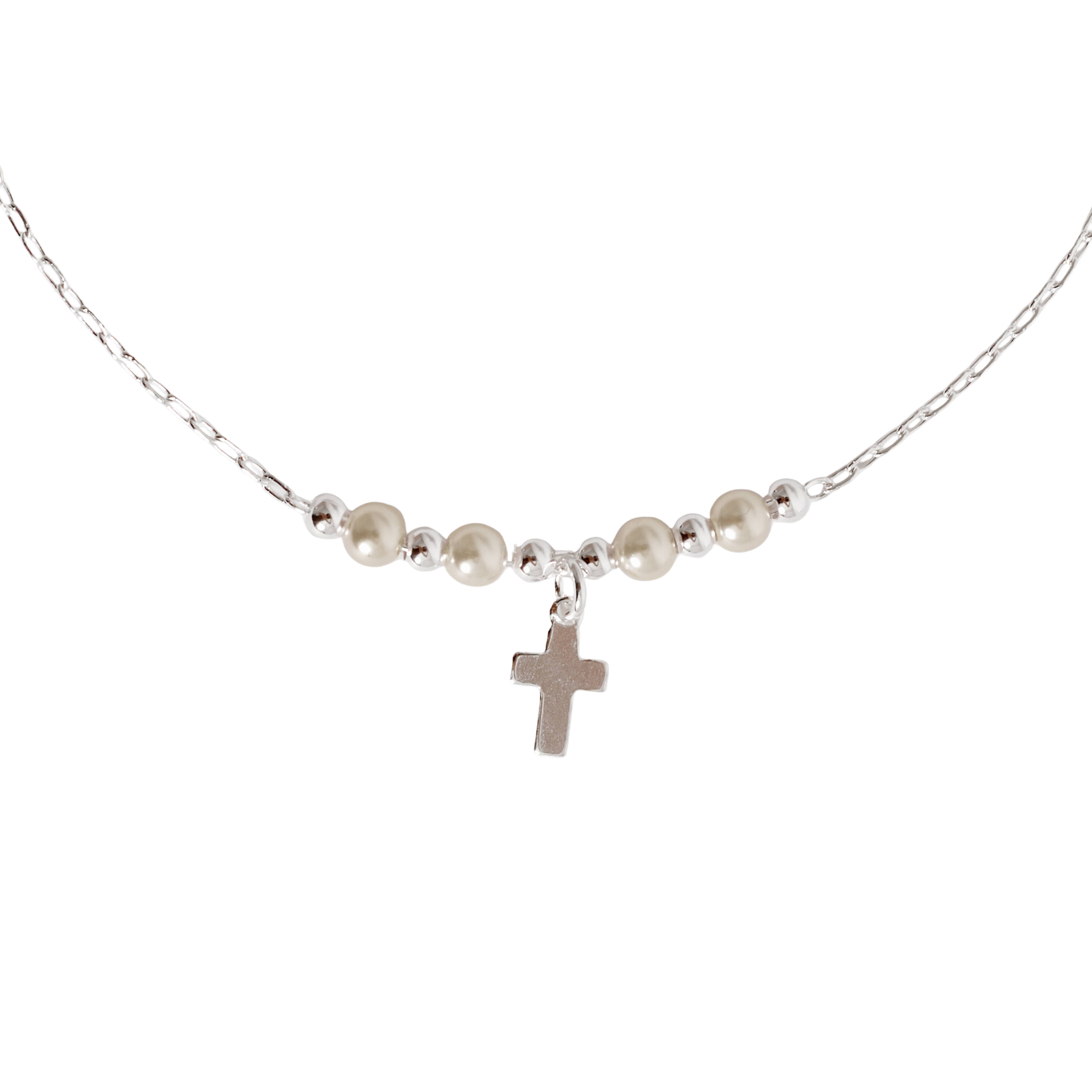 Imagem Pulseira entremeio bolas e pérolas com pingente cruz 8mm 19cm