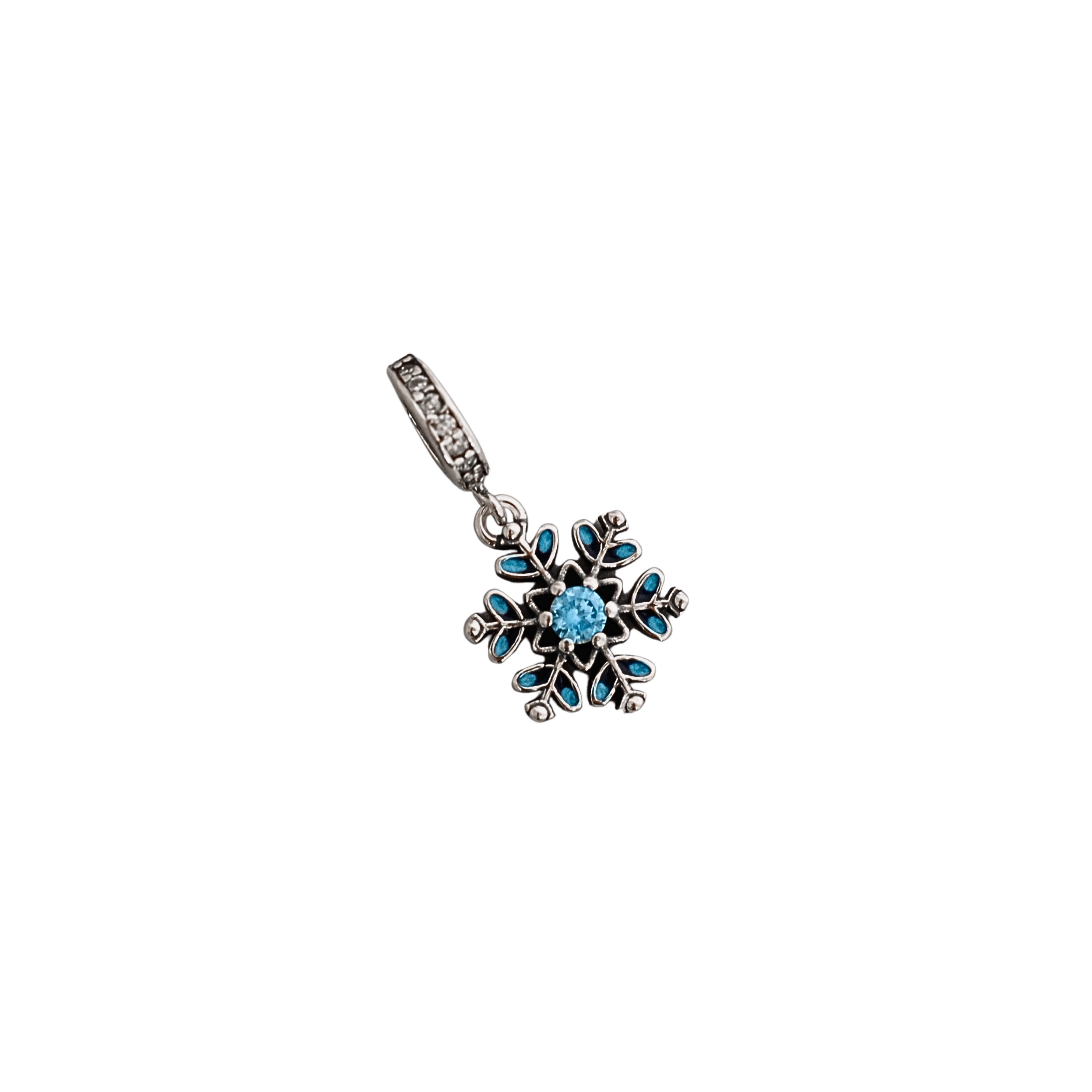 Berloque pingente flocos de neve com zircônia azul 13mm elo cravejado envelhecido