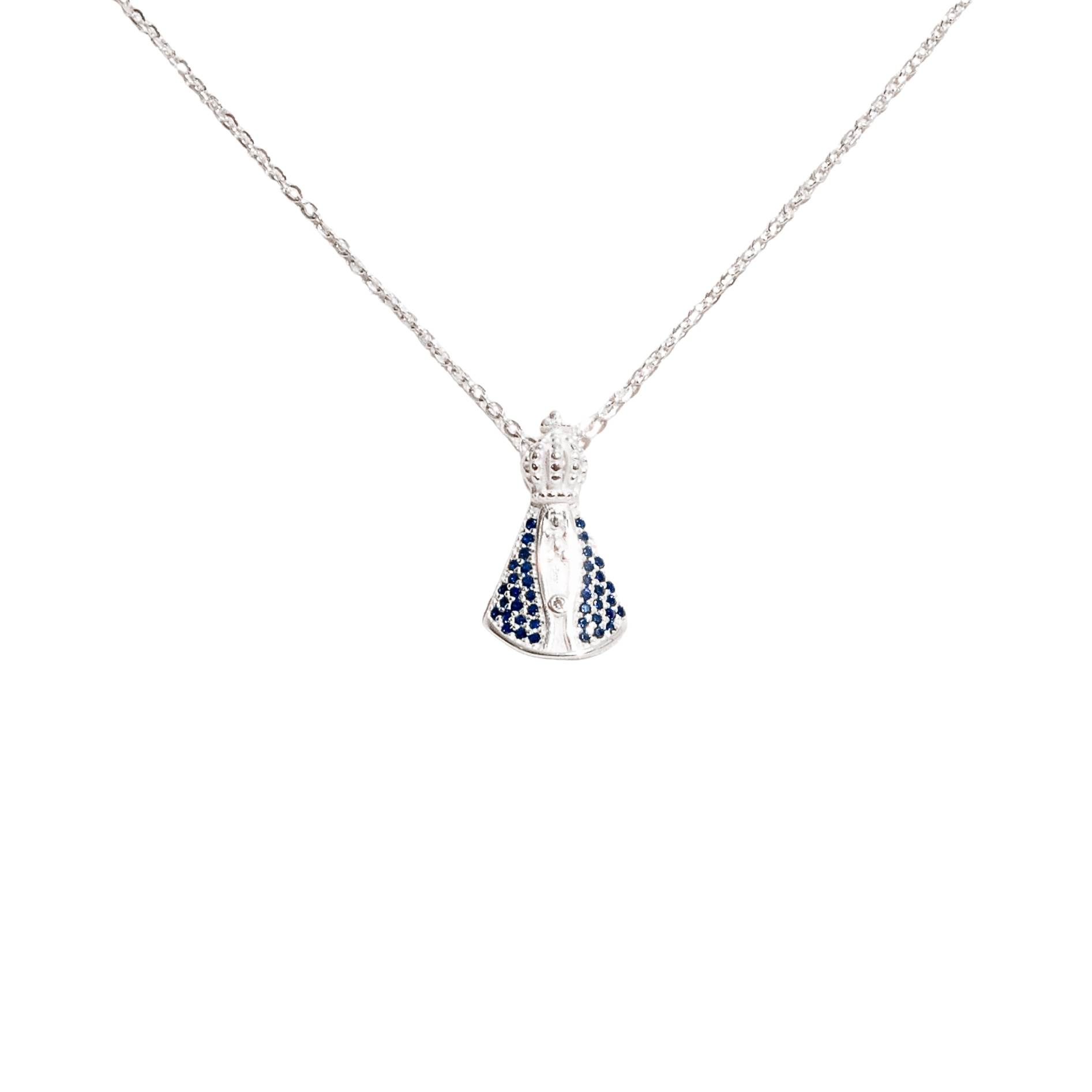 Imagem Colar Nsa. Sra. Aparecida cravejada azul 18mm corrente cadeadinho 45cm