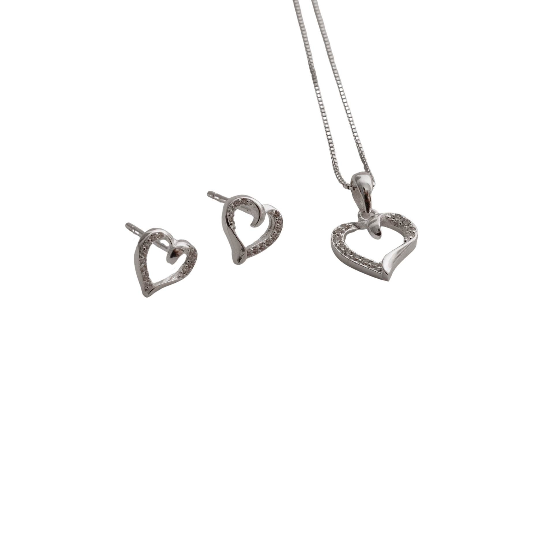 Conjunto brinco e colar coração vazado com zircônias 11mm 45cm