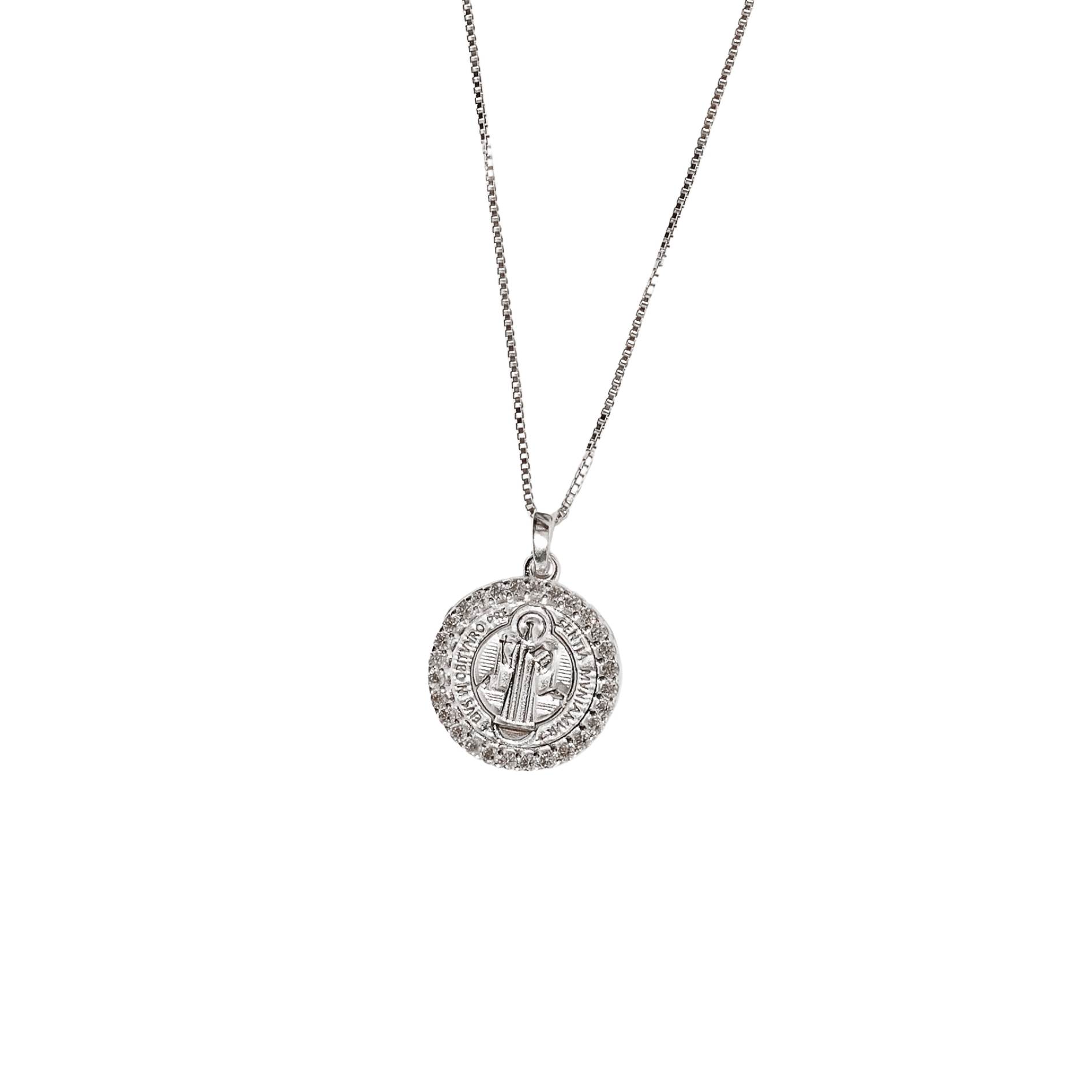 Colar pingente medalha São Bento cravejada 14mm 45cm