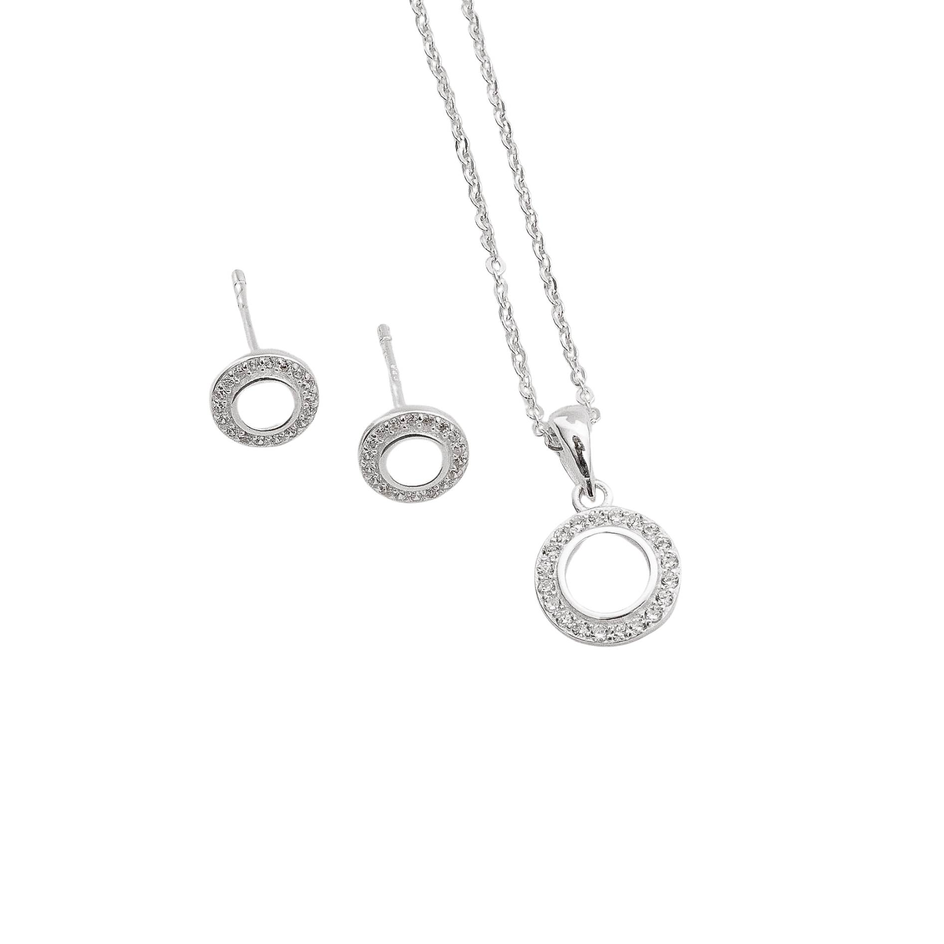 Conjunto brinco e colar círculo vazado com cravejado 9mm corrente cadeadinho 45cm