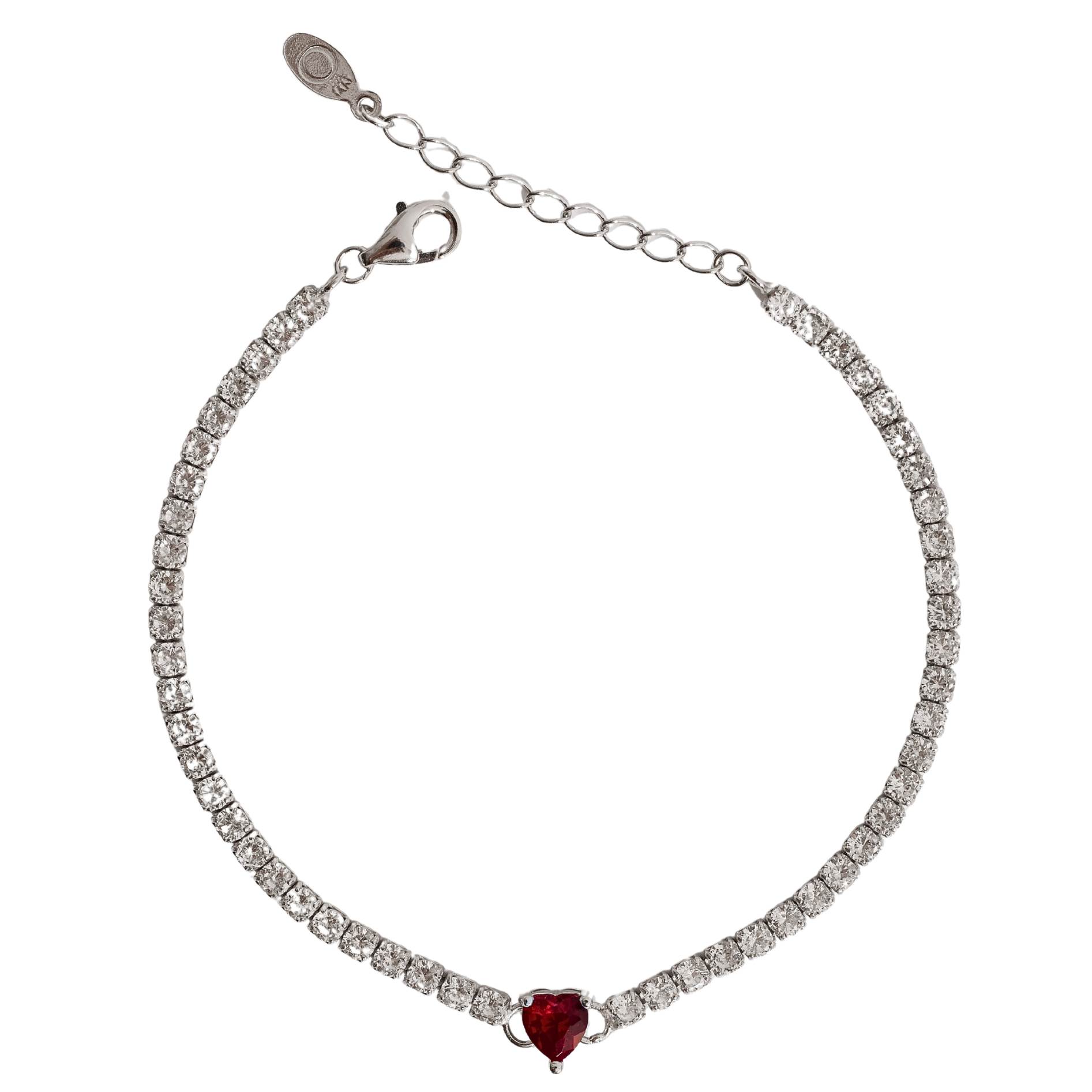 Imagem Pulseira Riviera 2.5 detalhe zircônia coração vermelho 16,5cm com alongadora ródio